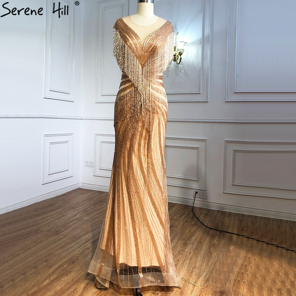 Serene Hill Mermaid Luxury Gold Evening Dresses 2025 - Beaded Tassel Elegant Gowns for Women - Perfect for Prom, Gala & Formal Parties