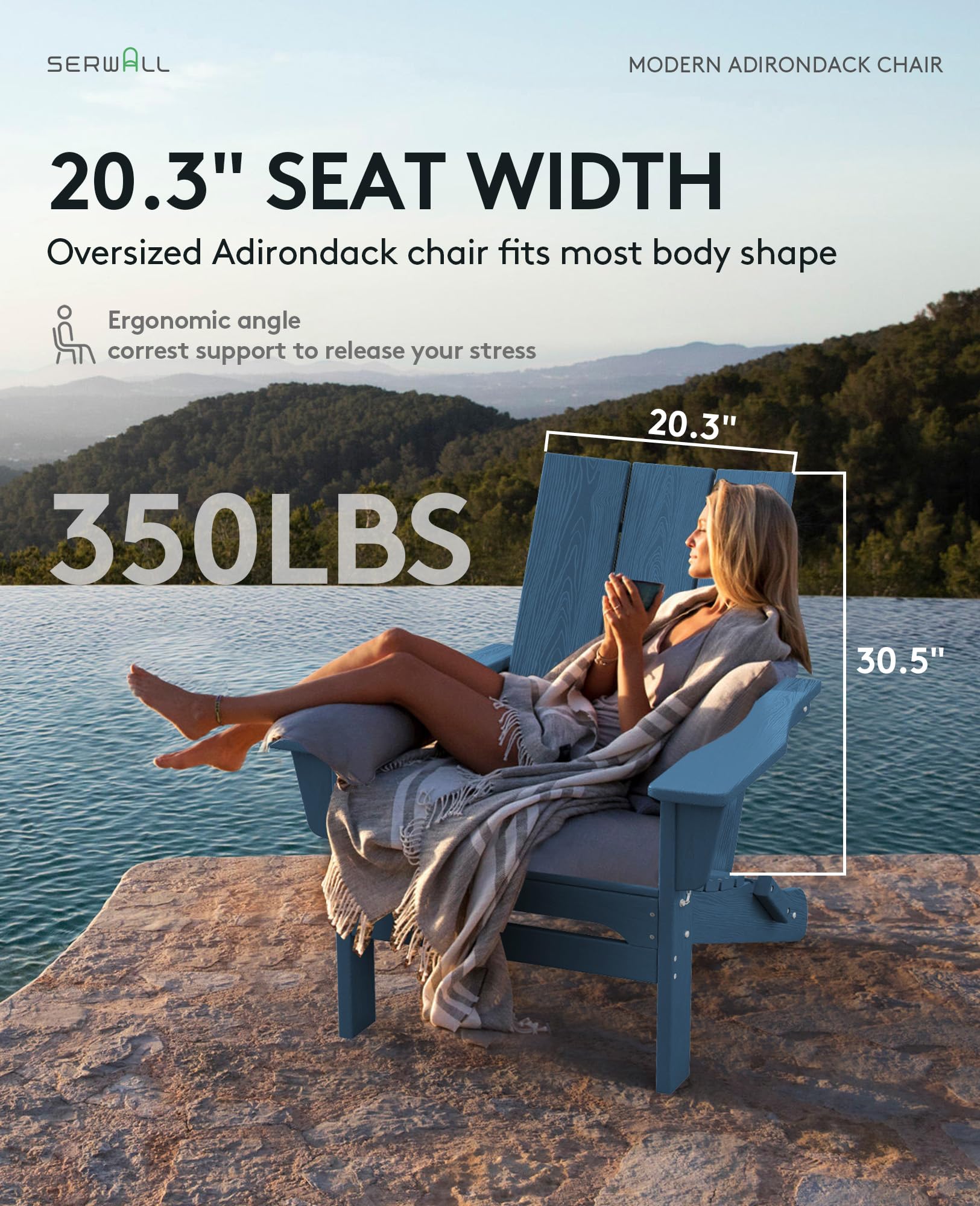 SERWALL Modern Adirondack Chair Set of 6 - Folding HDPE Outdoor Patio Chairs in Blue - Durable Weather-Resistant Lawn Furniture for Backyard, Poolside & Garden Relaxation