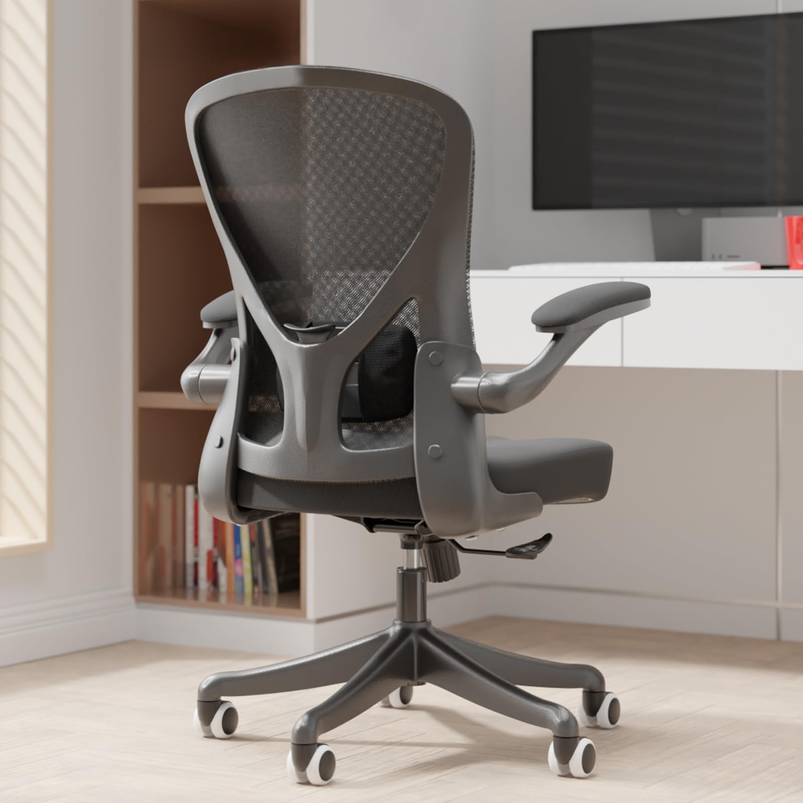 Ergonomic Office Chair with Adjustable Flip-Up Armrests & Lumbar Support - Thickened Cushion Desk Chair with Wheels, Home Office Computer Chair for Back Pain Relief (Black) - Perfect for Long Hours Sitting, Gaming & Remote Work