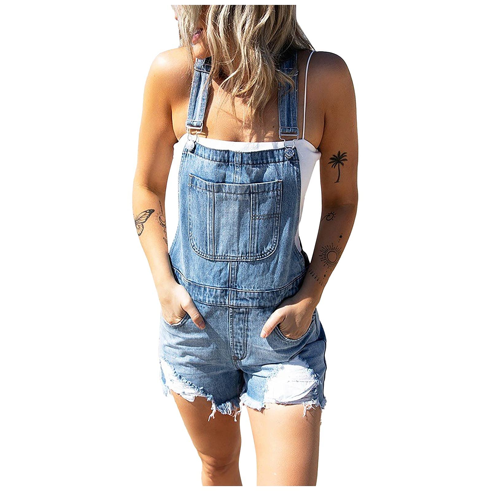 Women's Denim Bib Overalls - Classic Pocket Jean Shorts with Adjustable Straps | Ripped Denim Shortalls Jumpsuit for Casual Wear, Outdoor Activities & Summer Fashion