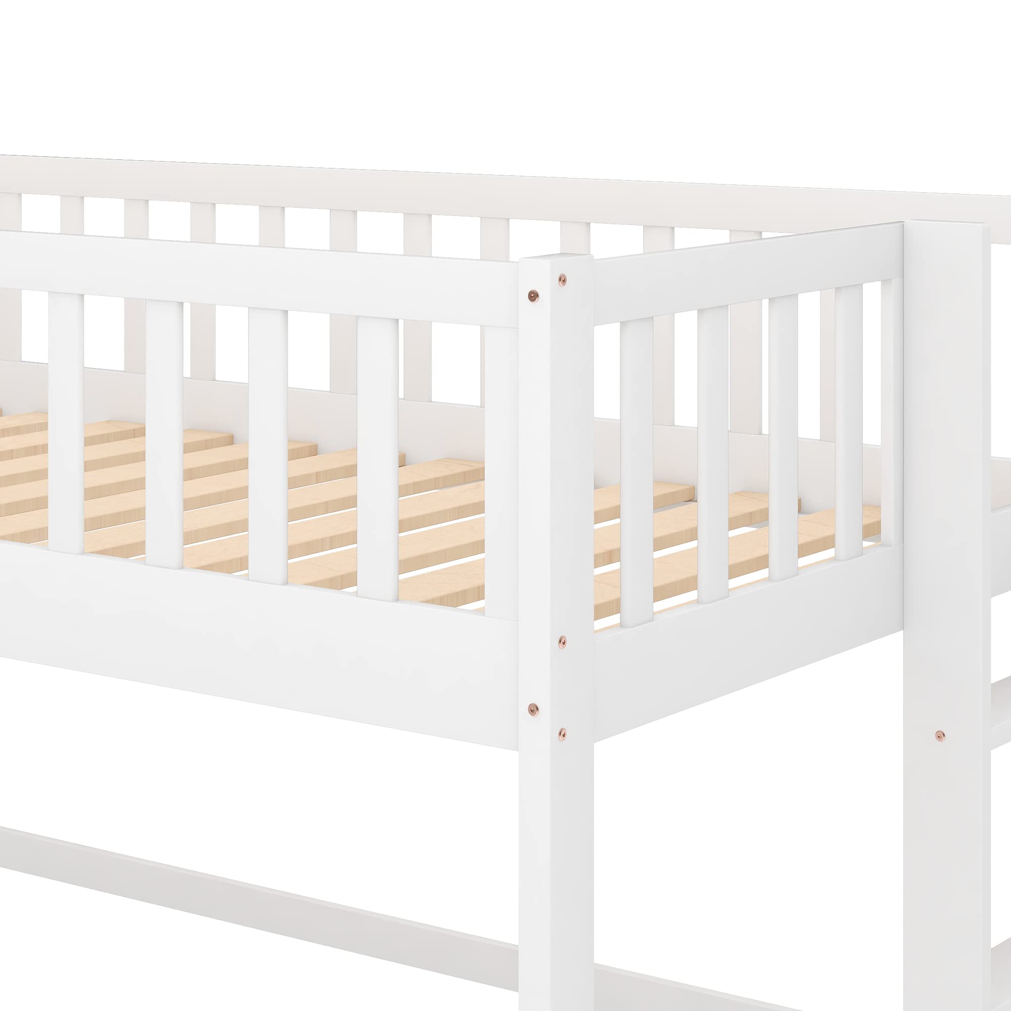 Twin Size Wooden Loft Bed with Slide - Low Bunk Bed Frame for Kids, Boys & Girls (White) - Perfect for Small Bedrooms, Playrooms & Kids' Sleepovers