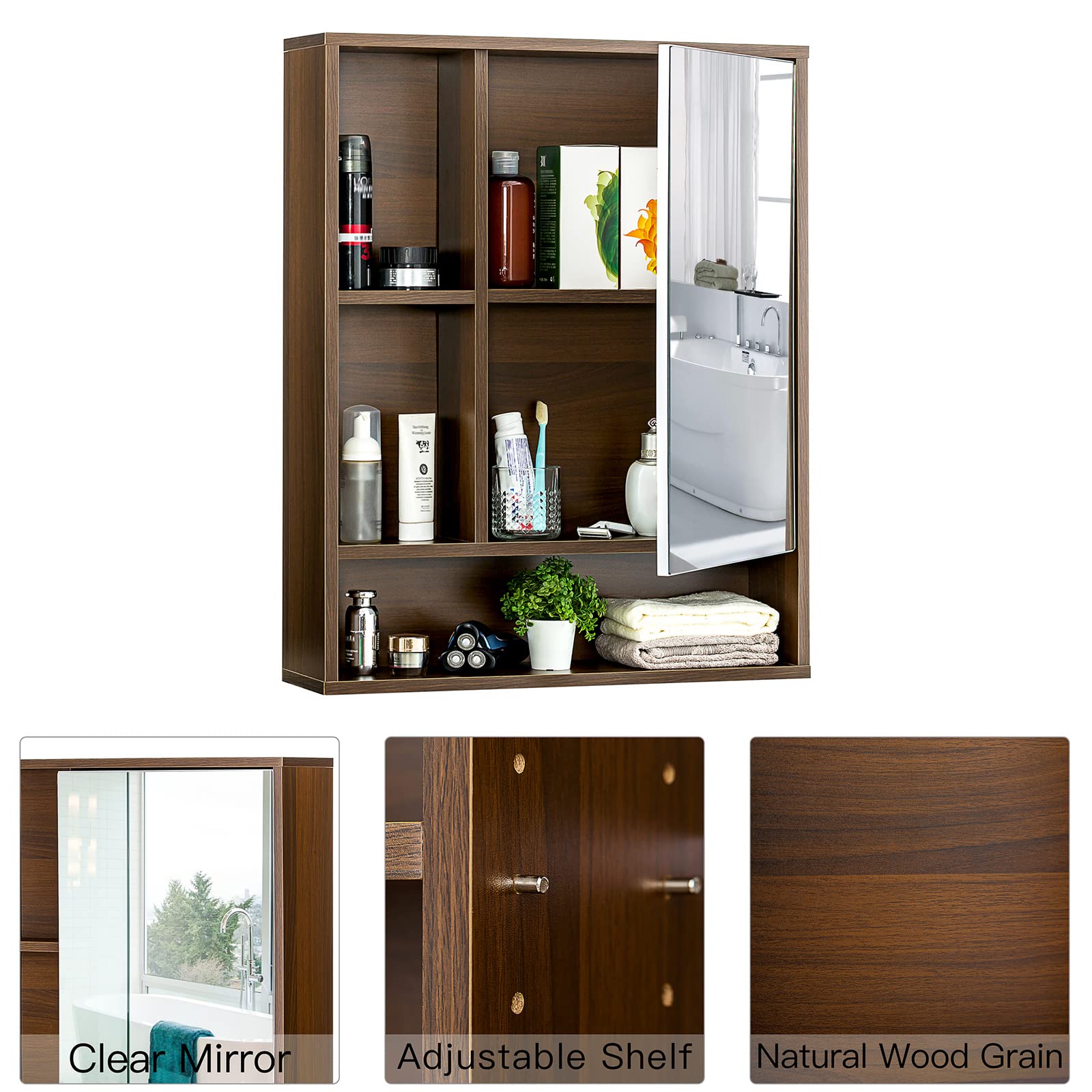 ChooChoo Bathroom Wall Mirror Medicine Cabinet - Single Door with Adjustable Shelf, Over The Toilet Space Saving Storage Cabinet in Walnut Finish - Perfect for Small Bathrooms, Powder Rooms & Apartment Living