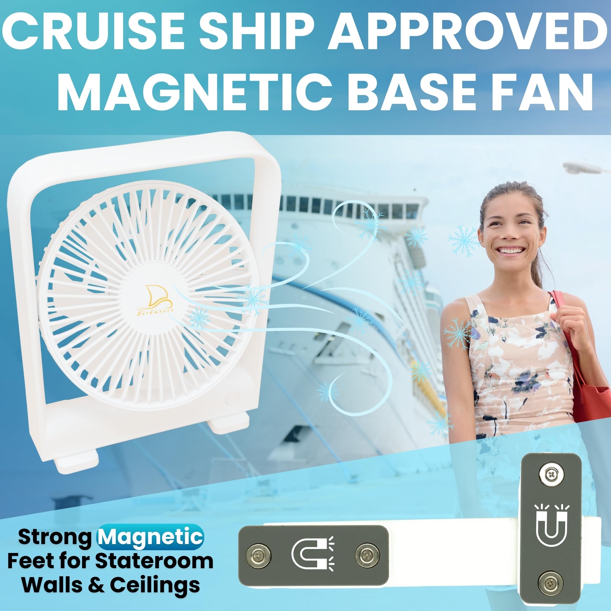 Original Portable Cruise Fan 2025 - Powerful 3-Speed Magnetic Fan for Cruise Ship Cabins, Sticks to Ceilings & Walls - Perfect for Travel, Small Spaces & Hot Weather