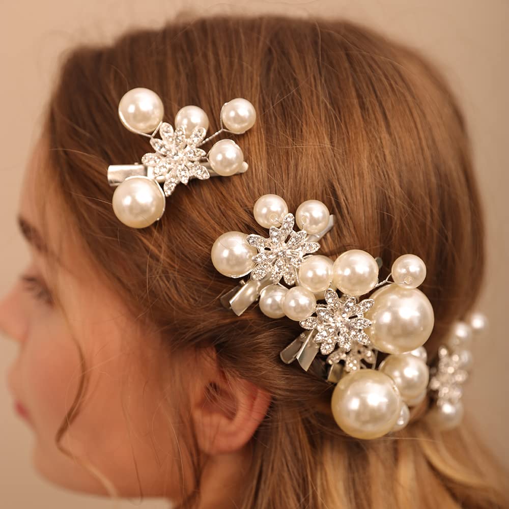 Jumwrit Pearl Rhinestone Bridal Hair Clips - 5PCS Handmade Crystal Wedding Hairpins for Women & Girls | Silver Floral Hair Accessories for Bride & Bridesmaid | Perfect for Weddings, Prom, Parties & Special Occasions