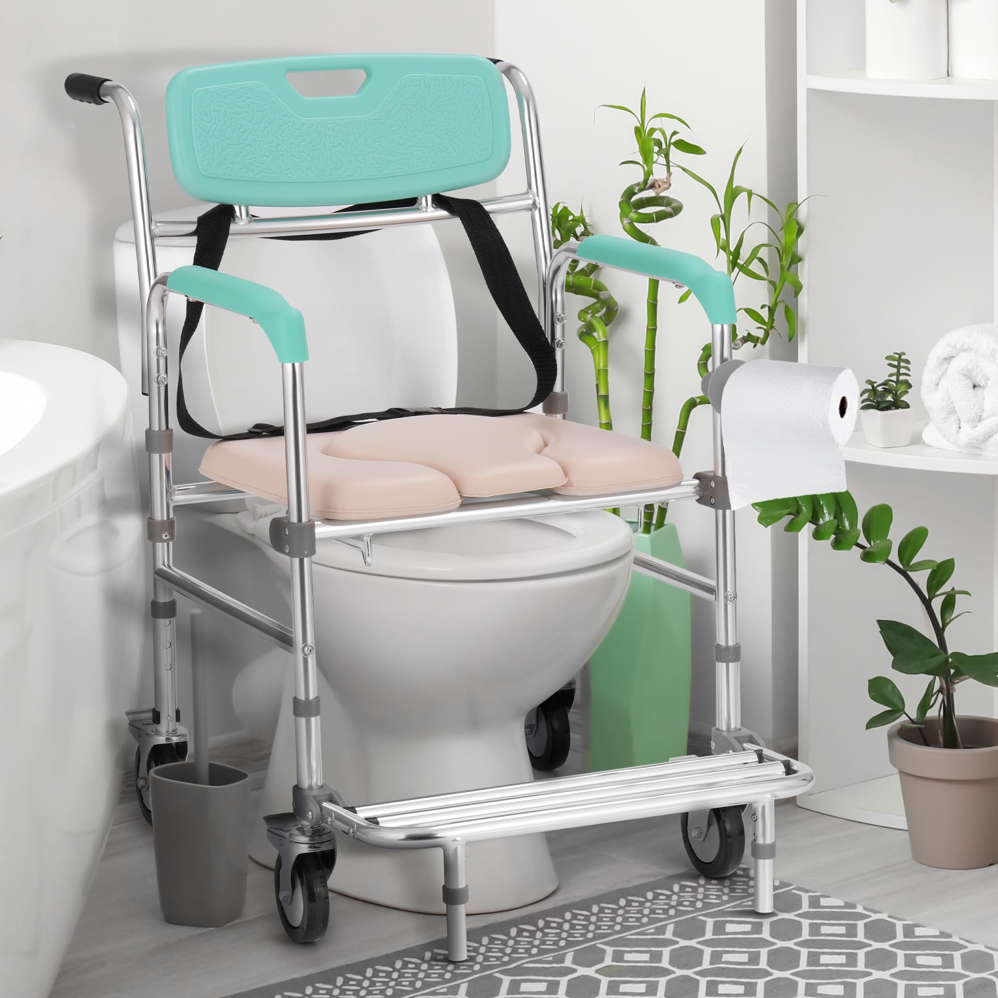 Rengue 3-in-1 Rolling Shower Chair with Wheels - Adjustable Transport Commode with Padded Seat & Detachable Bucket - 330lbs Weight Capacity - Ideal for Elderly Care, Post-Surgery Recovery & Bathroom Safety