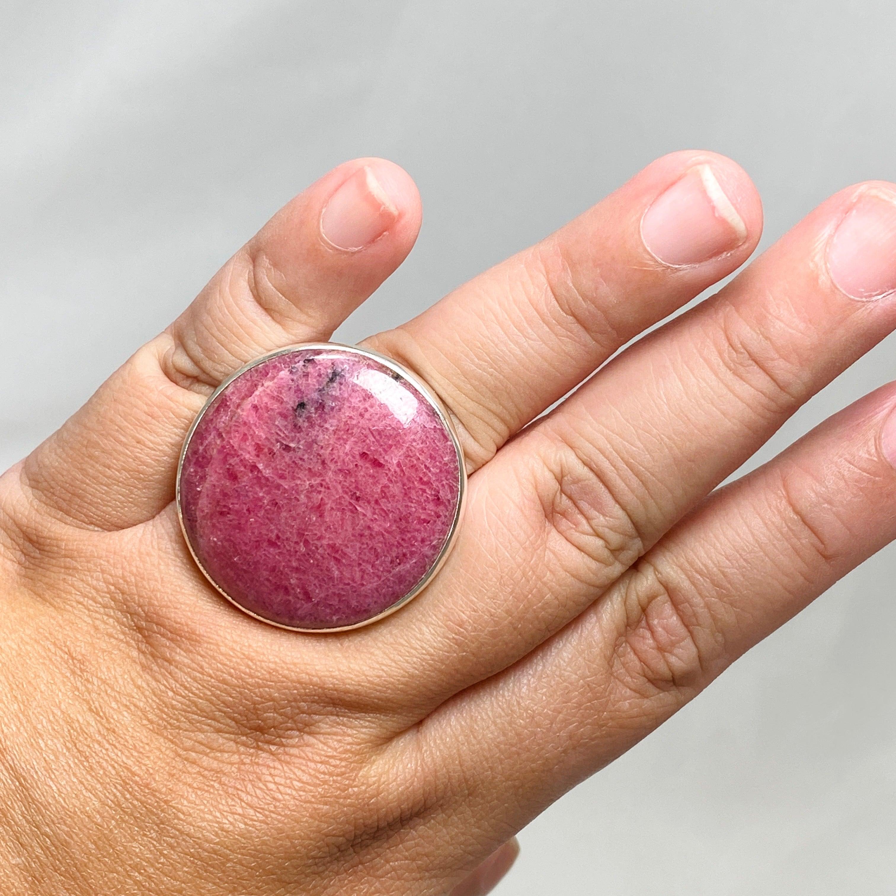 Rhodonite Round Ring Size 11 - Natural Pink Stone Jewelry for Women, Handmade Sterling Silver Band (KRGJ3207) | Perfect for Gifts, Weddings & Everyday Wear