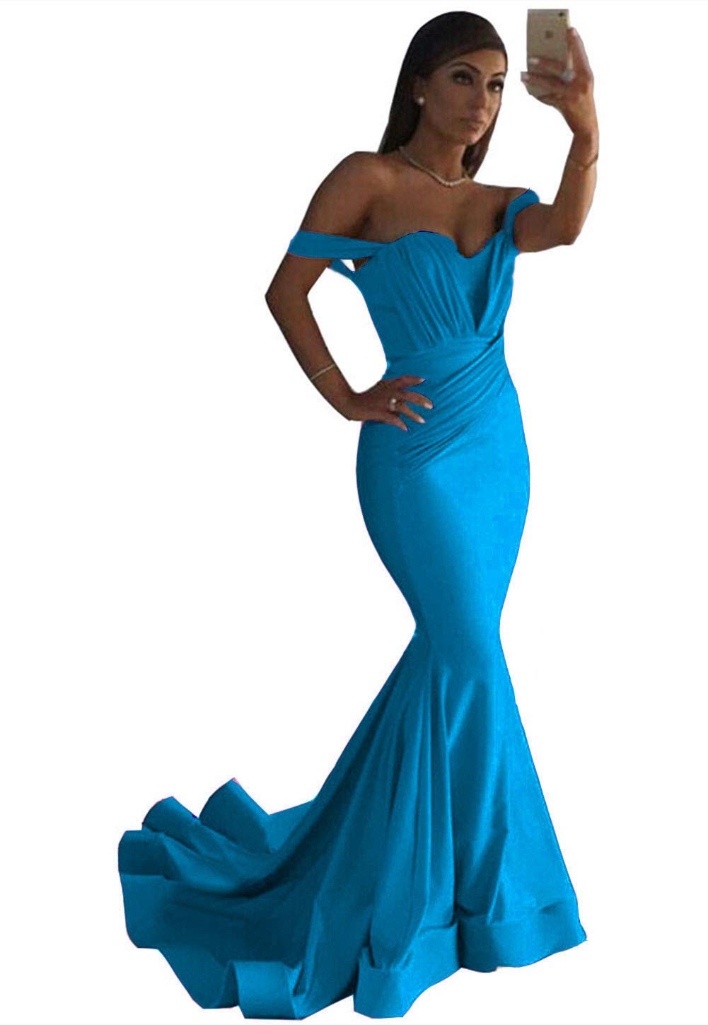 Emanni Women's Off Shoulder Mermaid Prom Dress - Satin Formal Evening Gown for Homecoming, Wedding Guest & Special Occasions