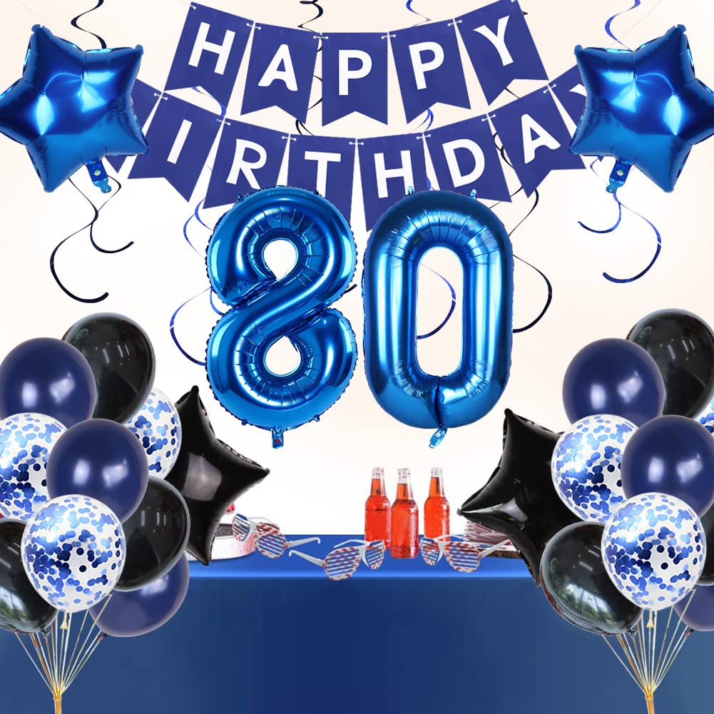 80th Birthday Party Decorations for Men - Blue Happy Birthday Banner, Number 80 Foil Balloon & Backdrop Set - Perfect for 80th Anniversary Celebrations, Milestone Birthday Parties & Retirement Decorations