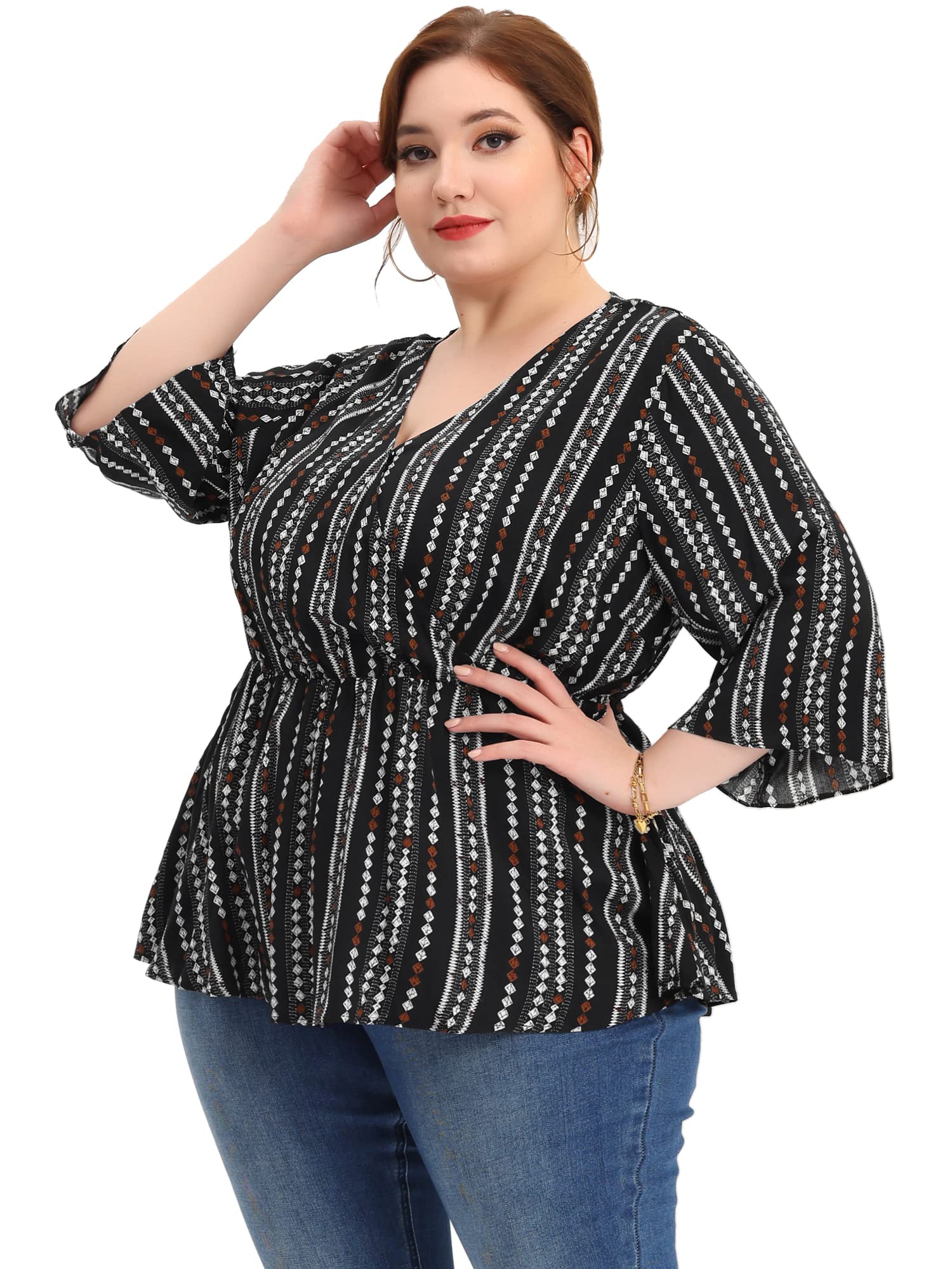 Agnes Orinda Plus Size Boho V-Neck Striped Peplum Blouse for Women - Stylish Work Tops & Casual Wear 2024 | Perfect for Office, Date Night & Weekend Outfits