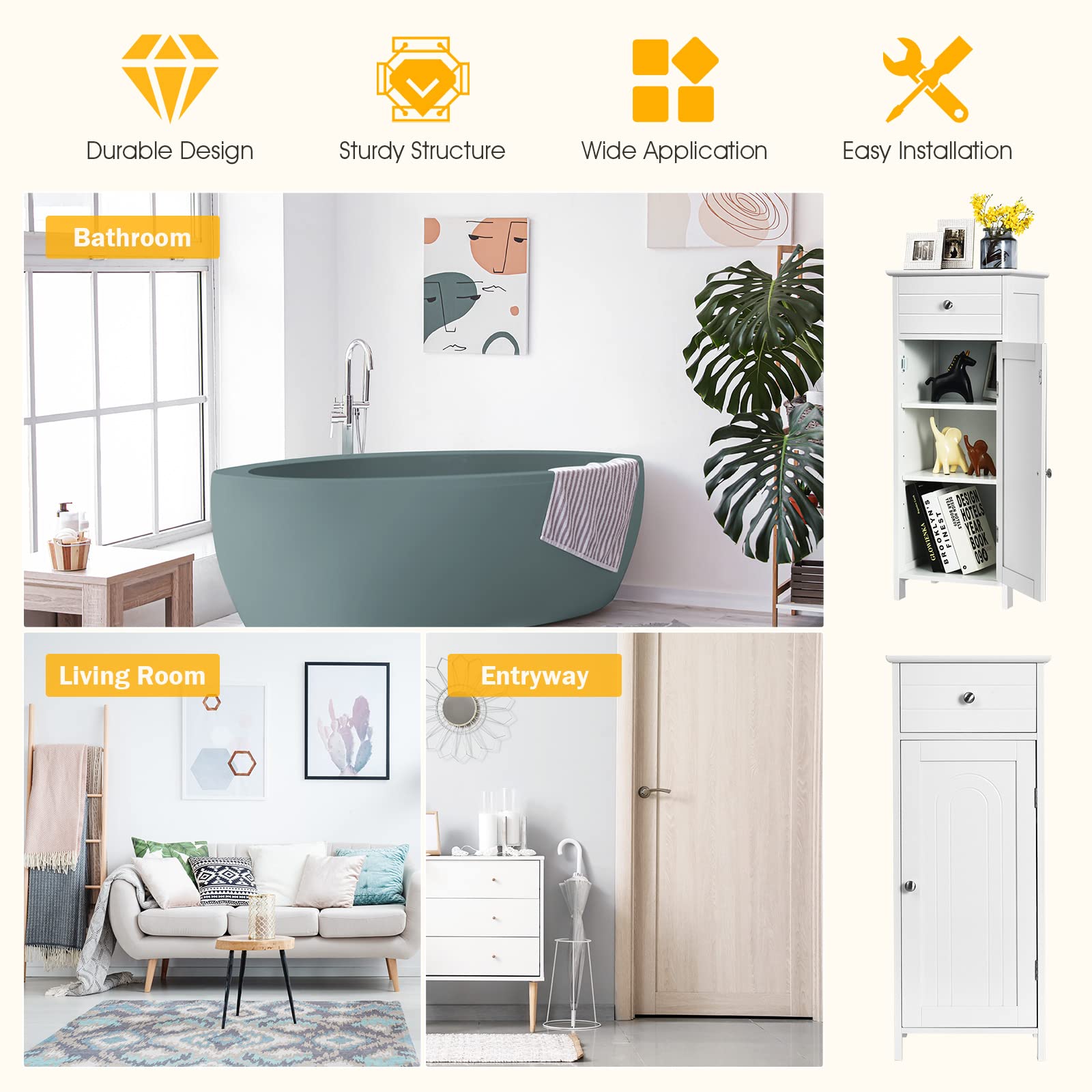 GOFLAME Freestanding Bathroom Storage Cabinet - White Wooden Organizer with Large Drawer & 7-Position Adjustable Floating Shelves | Perfect for Bathroom, Living Room & Bedroom Storage Solutions