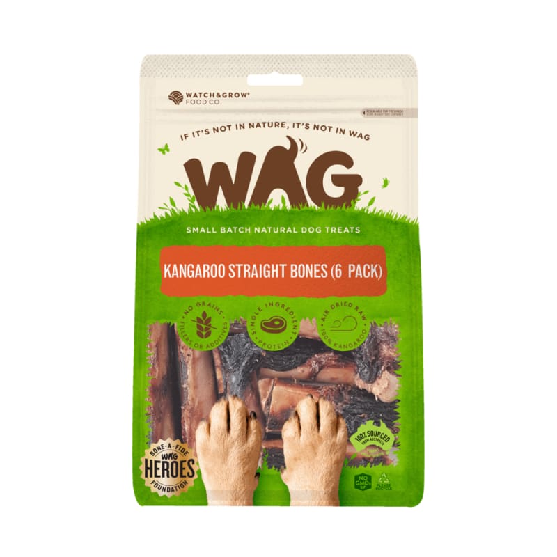 WAG Kangaroo Straight Bones Air Dried Dog Treats - 6 Pieces | Natural Chews for Dogs | High Protein Training Rewards & Dental Health Snacks for Puppies and Adult Dogs | Perfect for Outdoor Adventures and Playtime