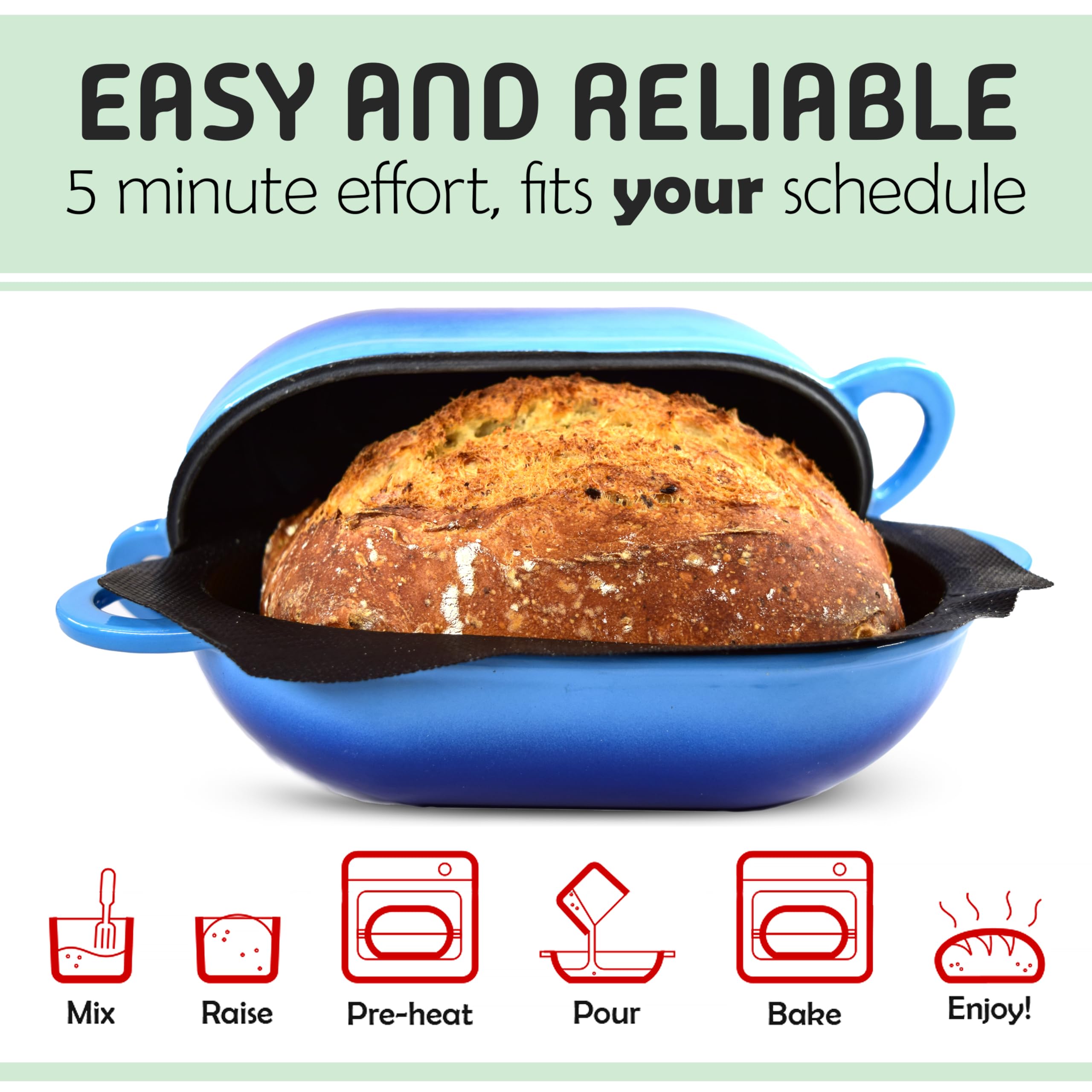 Easy Artisan Bread Kit with Cast Iron Dutch Oven (2 qt) & Non-Stick Silicone Liner - Perfect for Homemade Sourdough, No-Knead Bread Baking at Home