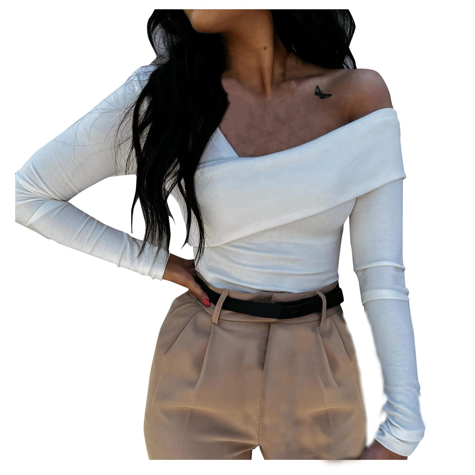 Women's Long Sleeve T-Shirts - Pure Color Blouse with Inclined Shoulder Design, Casual Tunic Tops & Tank Tops for Everyday Wear, Work & Outfits