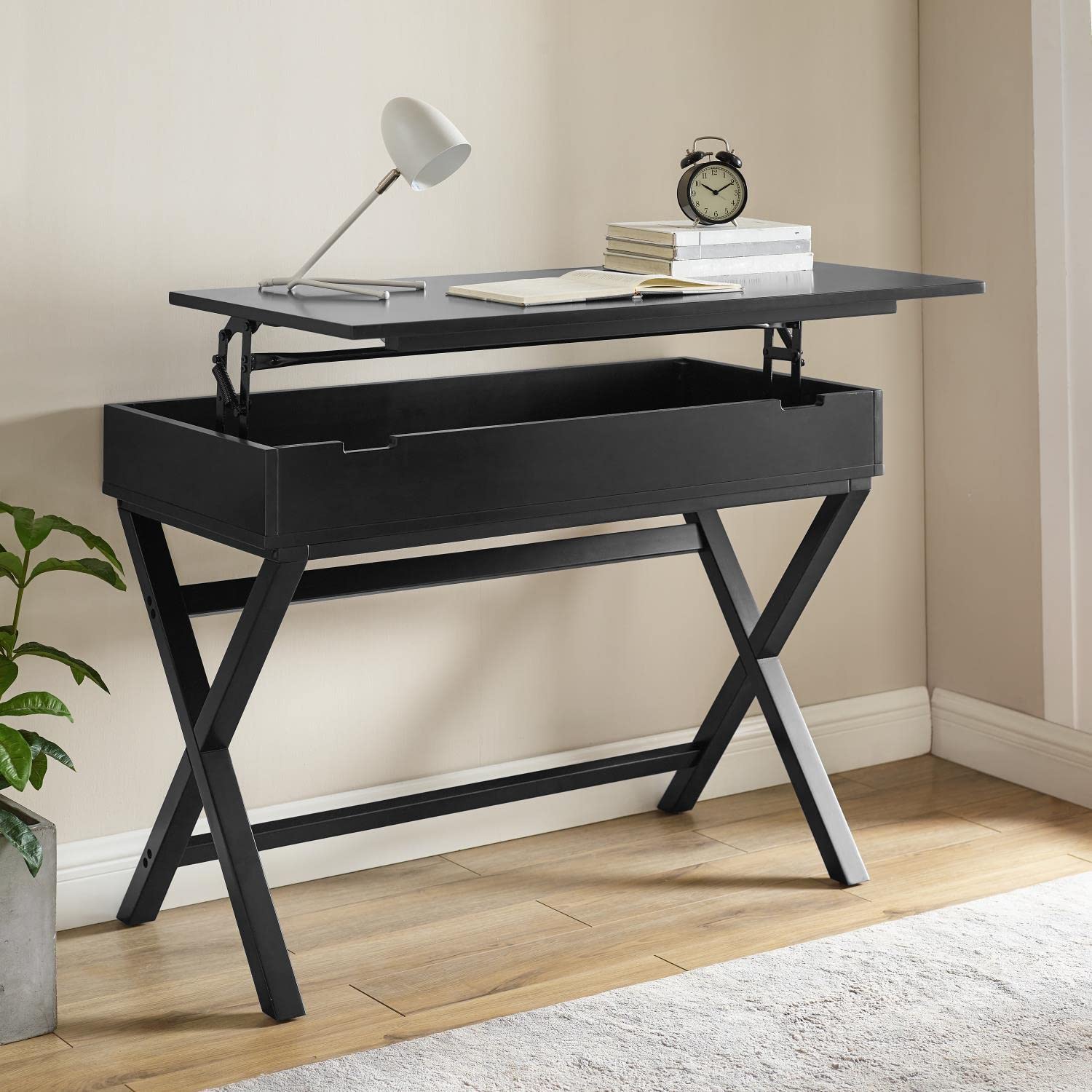 Linon Peggy Black Lift Top Desk - Space Saving Home Office Desk with Storage Compartment | Perfect for Small Spaces, Apartments & Dorm Rooms