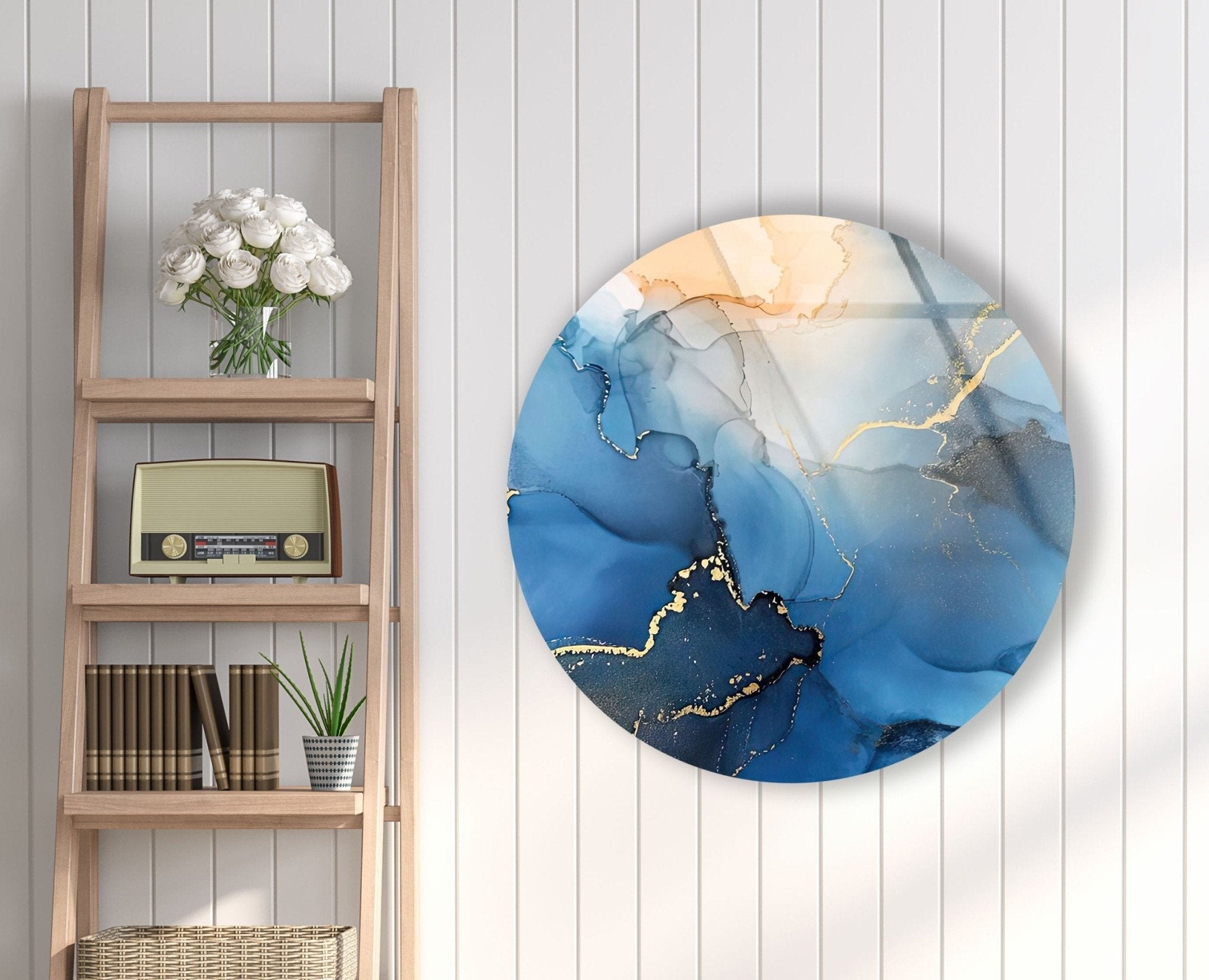 Abstract Round Blue Alcohol Ink Glass Wall Art - Handmade Modern Home Decor for Living Room, Bedroom & Office - Unique Gift Idea for Housewarming & Holidays