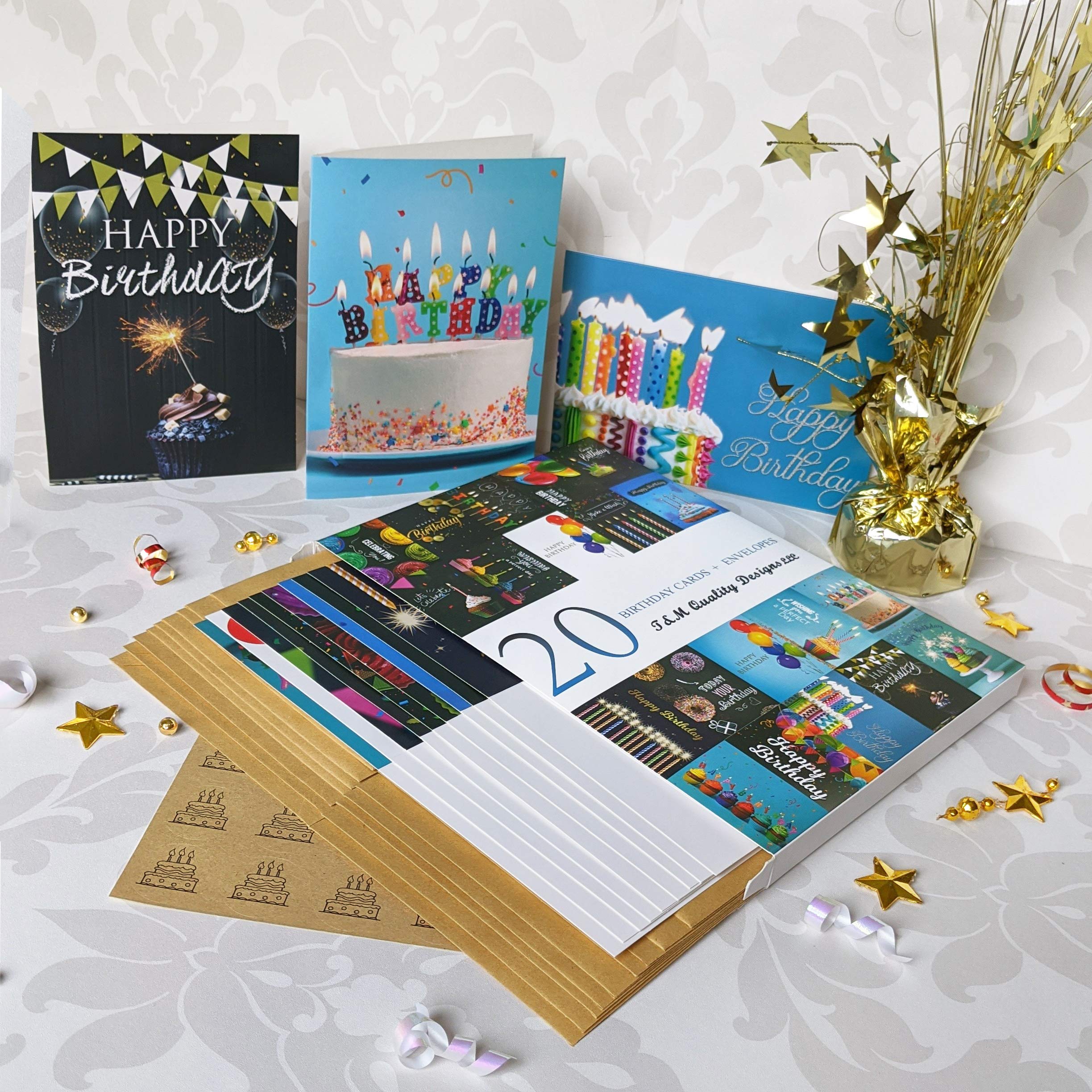 20 Unique Happy Birthday Cards with Envelopes & Stickers - 4x6 Inch Folded Greeting Cards, Premium Thick Matte Cardstock in Sturdy Gift Box - Perfect for Birthday Parties, Anniversaries & Special Occasions