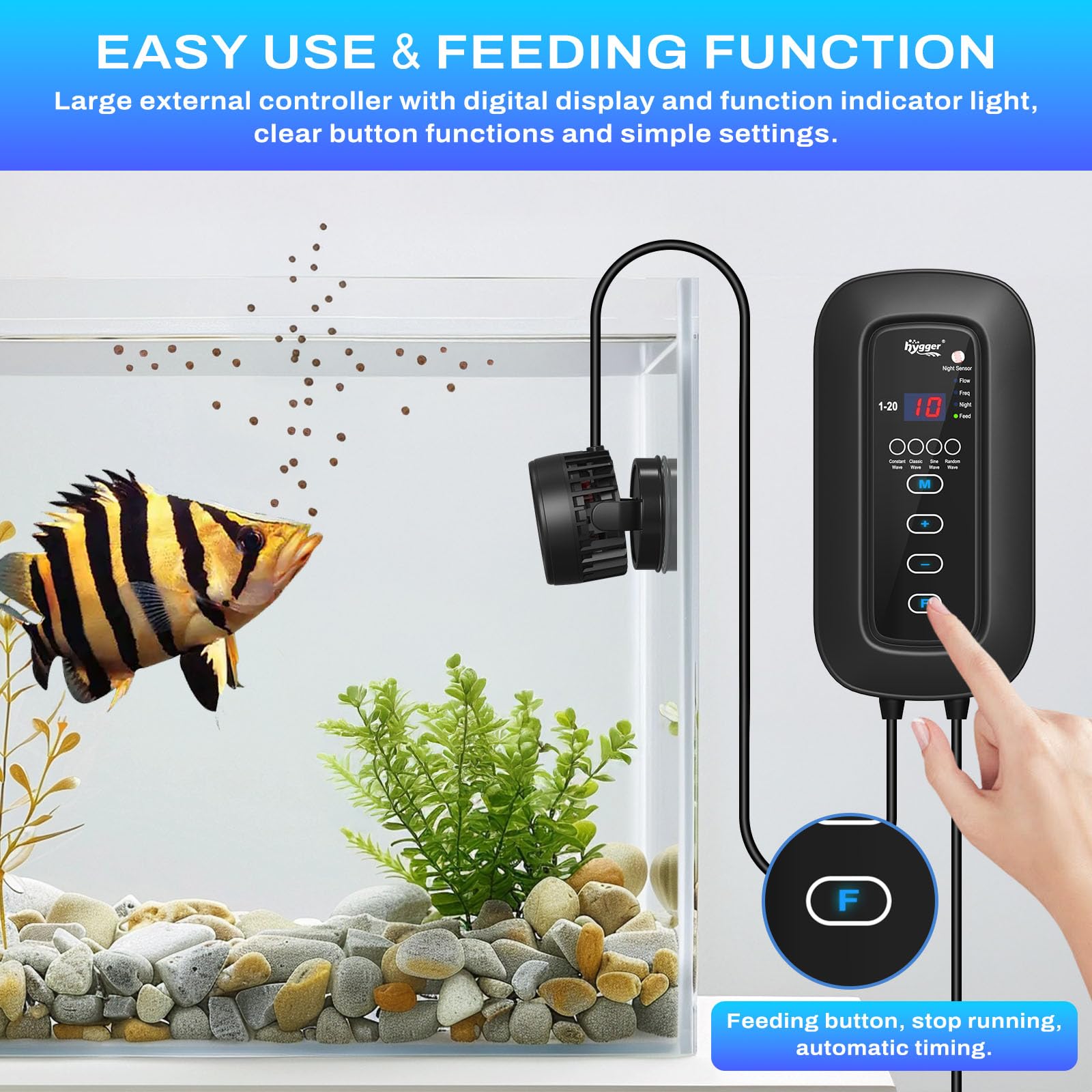 Hygger DC Aquarium Wave Maker - Adjustable Flow, Quiet Pump for Fish Tank, 4 Modes for Feeding & Night Use