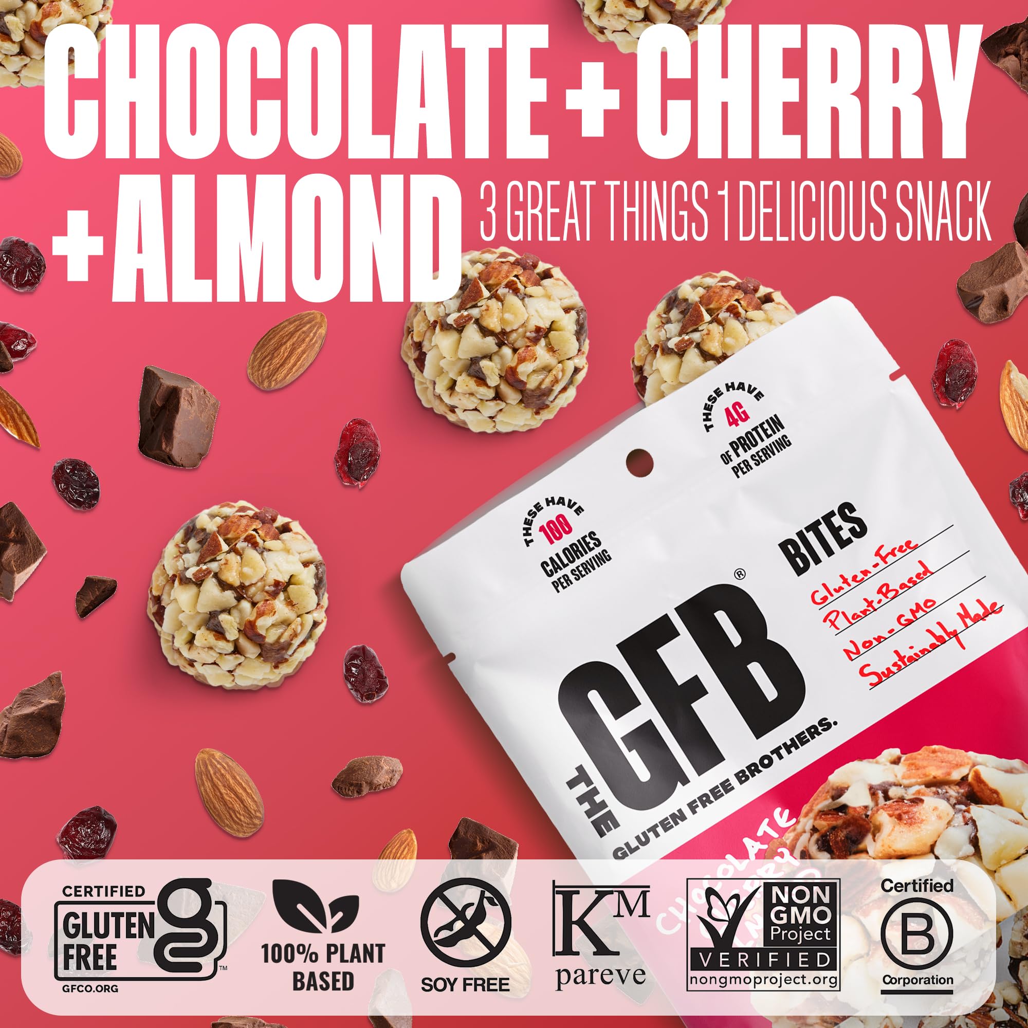 GFB Chocolate Cherry Almond Protein Bites - Gluten Free, Vegan, Non-GMO, Plant-Based Protein Snacks - Healthy Energy Balls for Workouts, Hiking & On-the-Go Nutrition - 4oz (6 Count)
