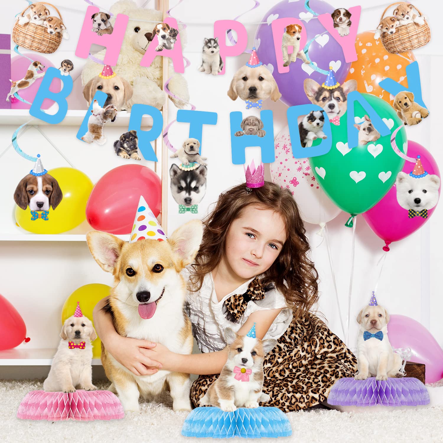 16 Pcs Dog Birthday Party Supplies Set - Includes Happy Birthday Banner, 6 Hanging Cutouts, 6 Swirl Decorations & 3 Honeycomb Centerpieces for Puppy Themed Party | Perfect for Dog Birthday Celebrations, Pet Adoption Events & Puppy Shower Decorations