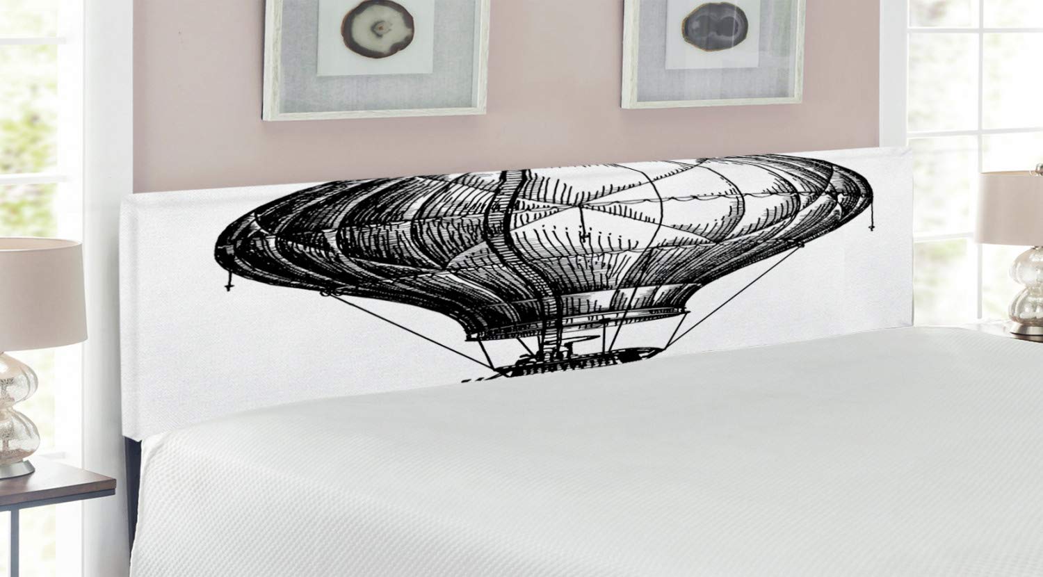 Ambesonne Vintage Hot Air Balloon Sketch Headboard - King Size Upholstered Metal Bed Frame with Memory Foam, Black & White Travel Theme Art - Perfect for Bedroom Decor & Bohemian Style Homes