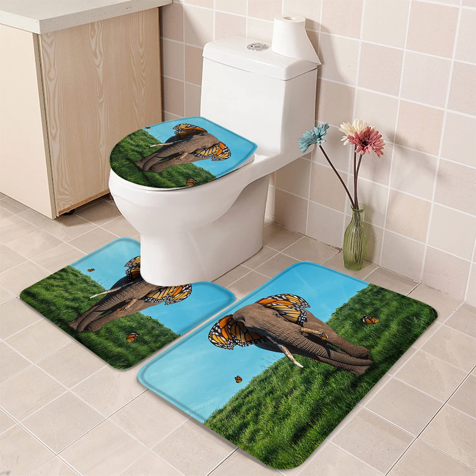 3-Piece Non-Slip Bathroom Rug Set - Elephant with Butterfly Ears Contour Mat, Toilet Lid Cover & Absorbent Shower Mat - Soft Green Grass Landscape Design for Bathroom Safety and Comfort | Perfect for Kids' Bathrooms, Guest Bathrooms & Eco-Friendly Home Decor