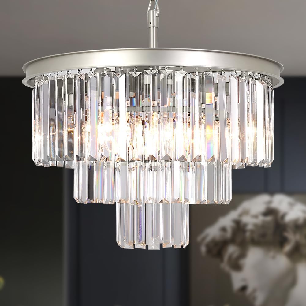 Vintage Crystal Nickel Modern 3-Tier Chandelier Pendant Ceiling Light Fixture - Elegant Lighting for Dining Room, Living Room, Kitchen Island, Bedroom & Entryway | Perfect for Weddings, Home Decor & Luxury Interior Design