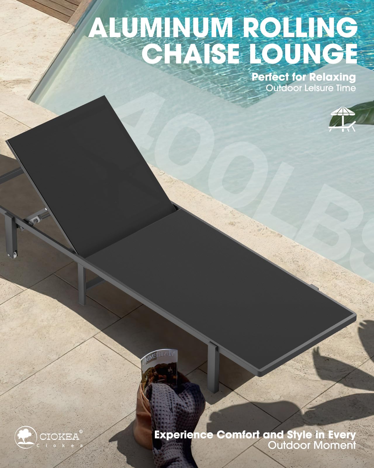 Aluminum Chaise Lounge Chair with Wheels - 5-Position Adjustable Recliner Outdoor Patio Chair for Tanning, Sunbathing - Perfect for Backyard, Poolside, Beach & Garden Relaxation