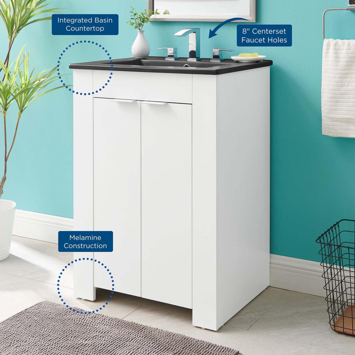 Modway Maybelle 24 Inch White and Black Bathroom Vanity with Sink - Modern Small Space Vanity for Powder Rooms, Guest Bathrooms & Apartments