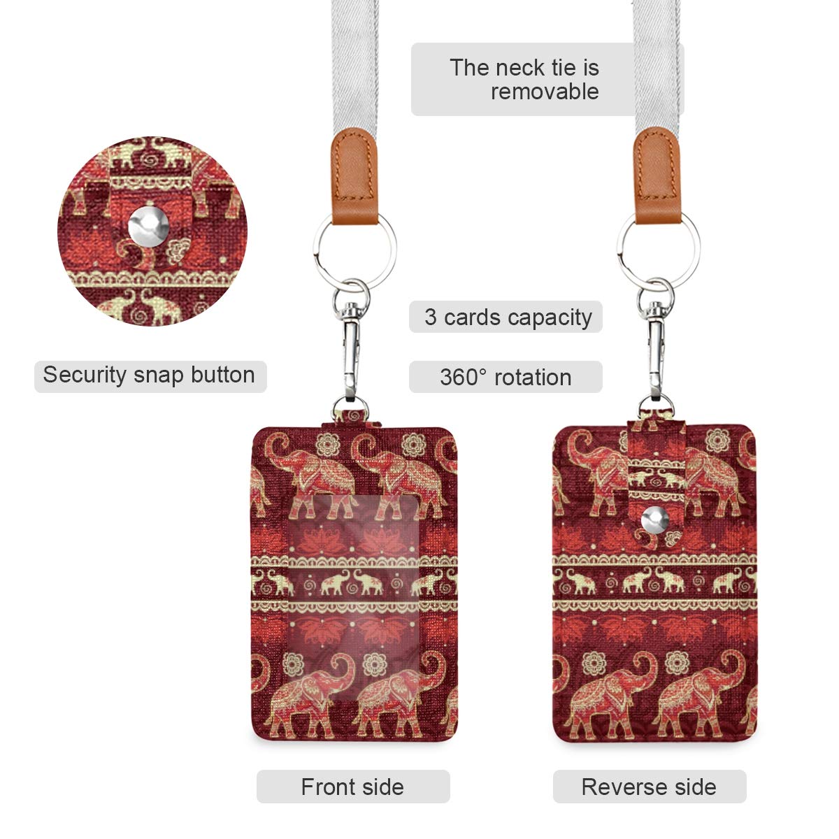 VIKKO Stylish Ethnic Elephant Design PU Leather ID Badge Holder with Adjustable Neck Lanyard & Key Ring - Perfect for Office, School, Events and Travel Accessories