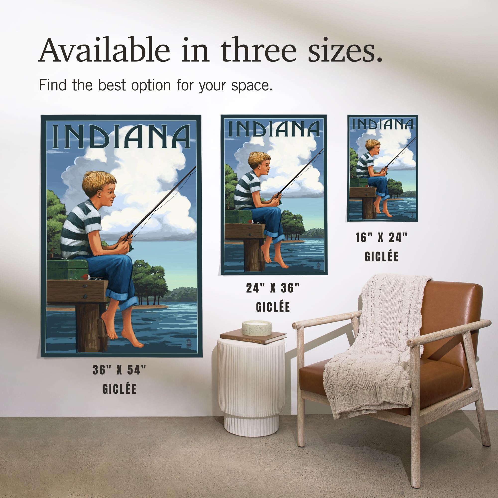Lantern Press 16x24 Inch Giclee Art Print - Indiana Landscape with Boy Fishing - Wall Decor for Living Room, Bedroom & Office