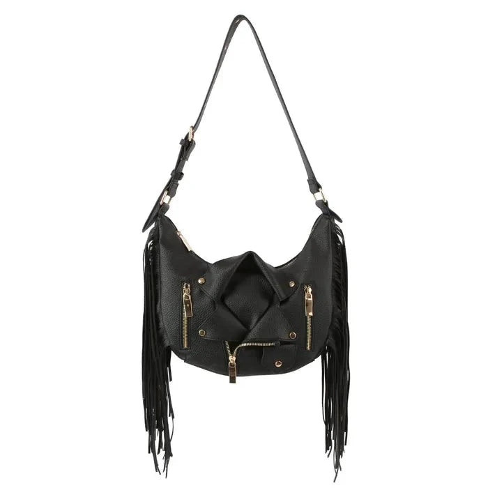 Black Fringe Shoulder Bag for Women - Stylish Motorcycle Crossbody Purse - Perfect for Biker Outfits, Concerts & Casual Wear