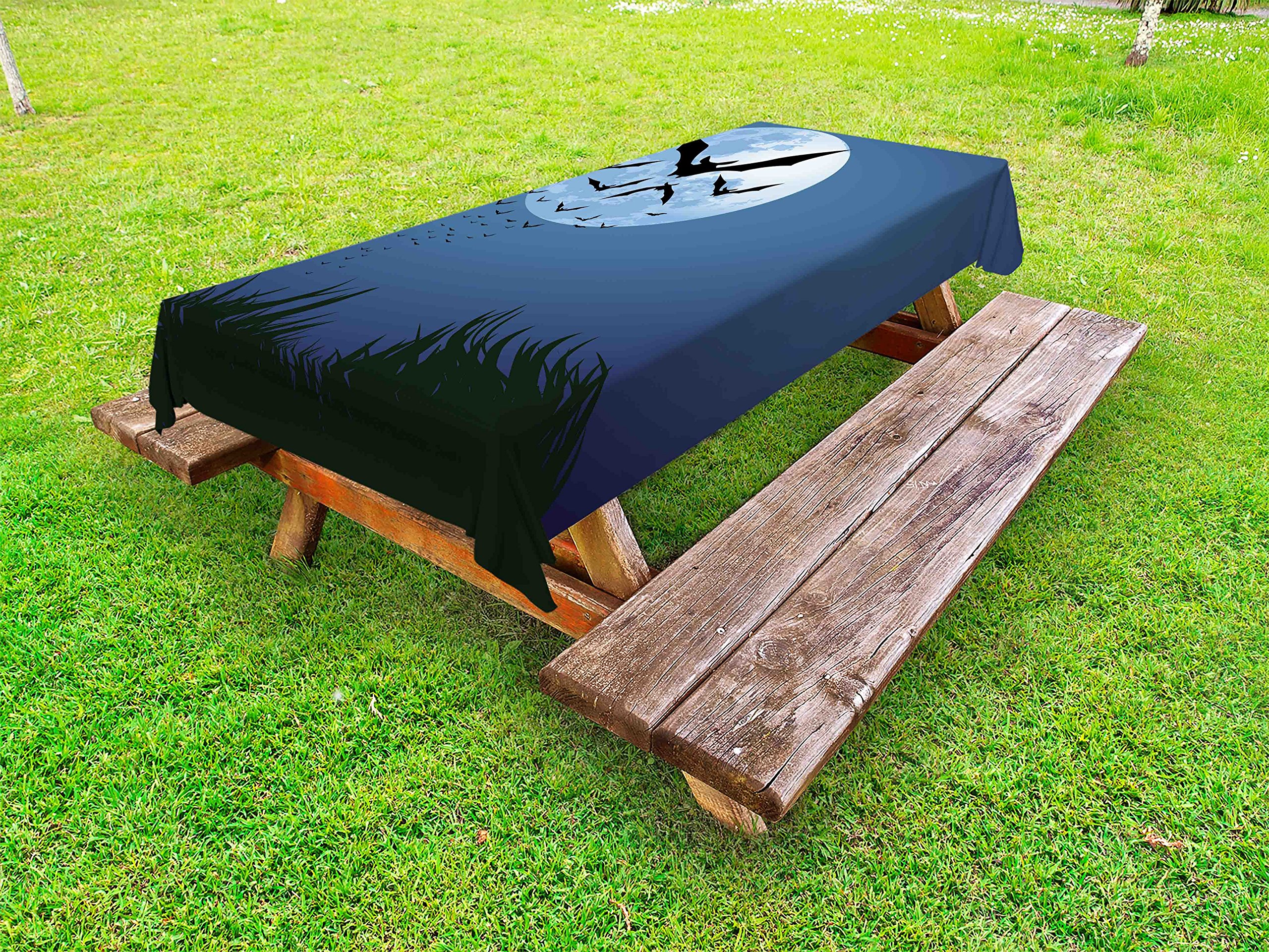 Ambesonne Halloween Tablecloth - Cloud of Bats Flying Through Night with Full Moon Design, Washable Outdoor Picnic Table Cover 58x120 Inches, Night Blue Black Grey - Perfect for Fall Parties, Spooky Decor & Seasonal Gatherings