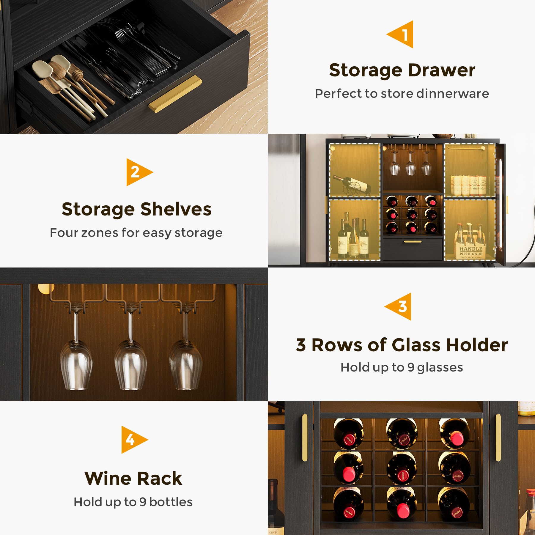 Modern Wine Bar Cabinet with LED Lights & Power Outlet - Coffee Liquor Cabinet with Wine Rack & Glass Holder - Buffet Sideboard for Dining Room, Living Room & Kitchen (Black) - Perfect for Home Entertaining & Stylish Storage
