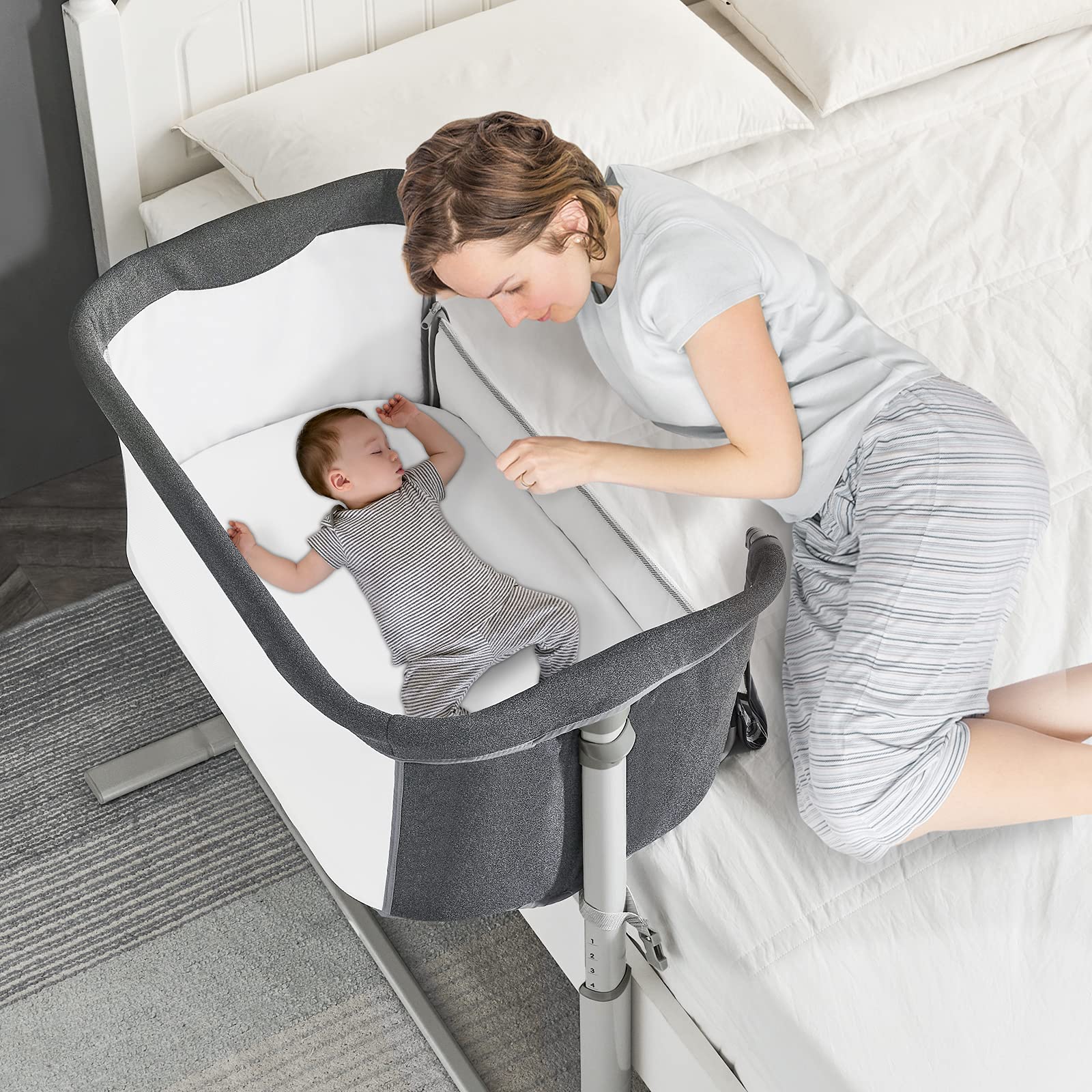 RONBEI Baby Bassinet Bedside Crib Sleeper - Adjustable Height Portable Infant Bed with Breathable Mesh - Dark Gray Nursery Essential for Newborns & Toddlers | Perfect for Bedroom, Nursery & Travel Use