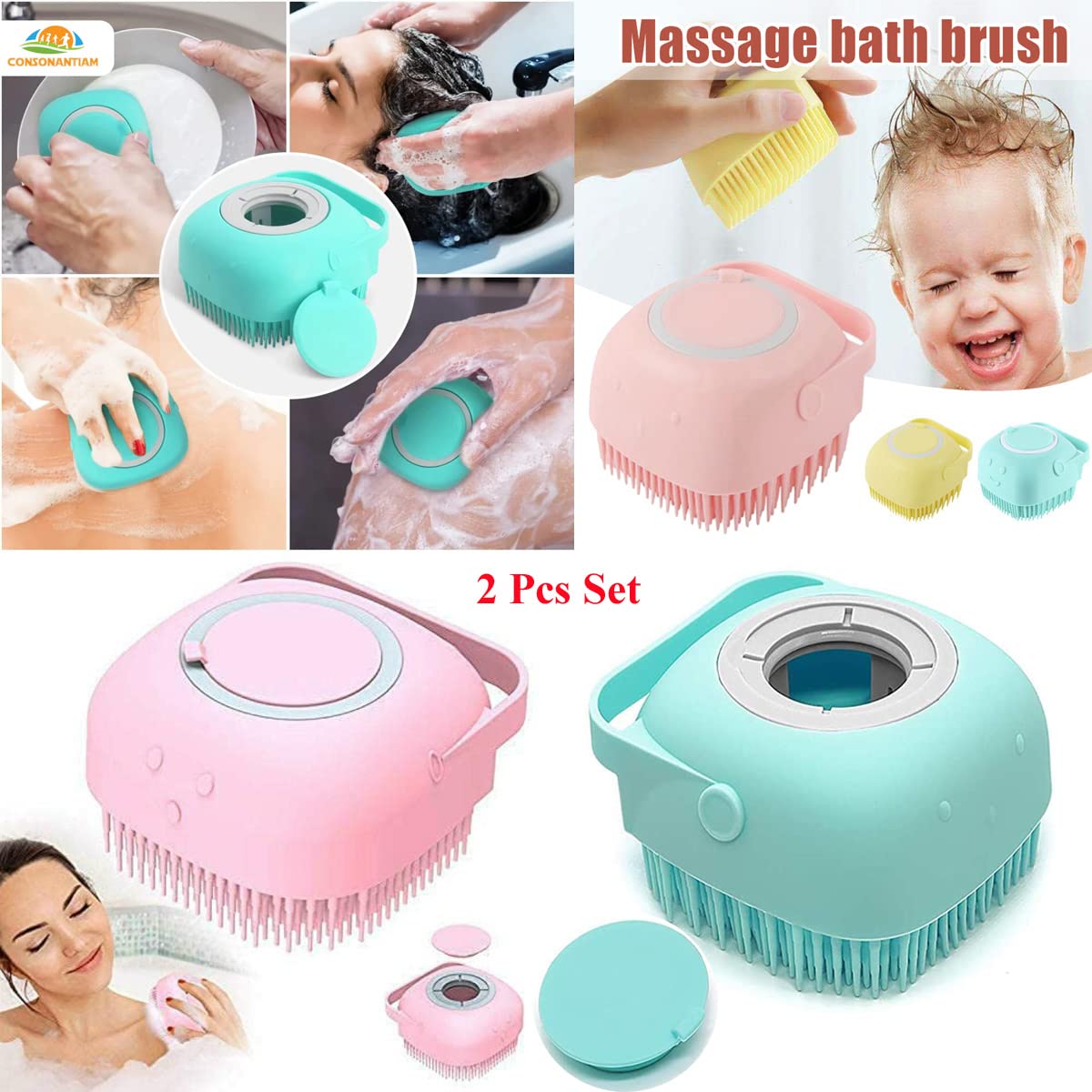 Exfoliating Silicone Bath Brush for Hair, Scalp & Body Care | Shower Scrubber with Built-in Soap Dispenser for Men & Women | Pack of 2 | Perfect for Deep Cleansing, Massage & Relaxation in Shower or Bath