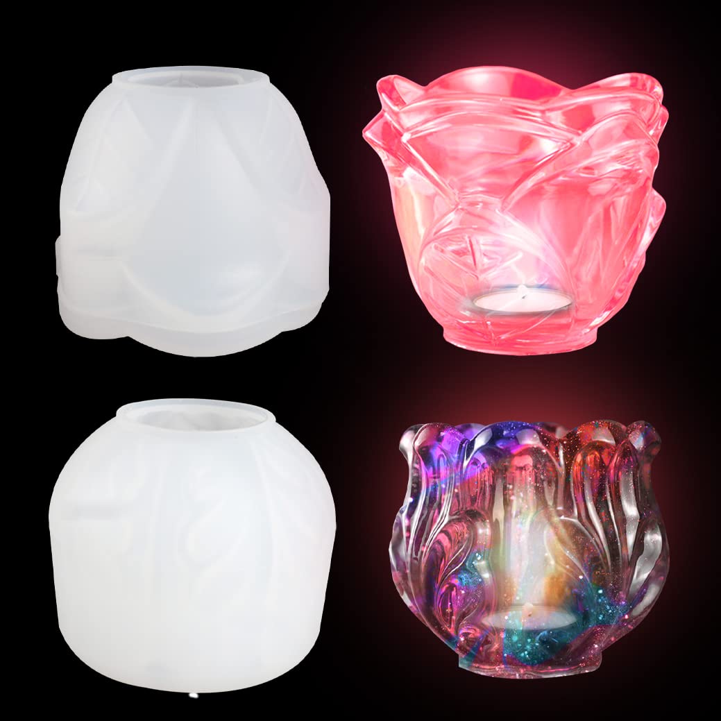 2-Piece DIY Rose Flower Glass Glazed Cup Resin Mold Set - Candlestick Base & Candle Holder Silicone Molds for Epoxy Resin, Wax, Soap Making - Perfect for Home Decor, Wedding Centerpieces & DIY Craft Projects