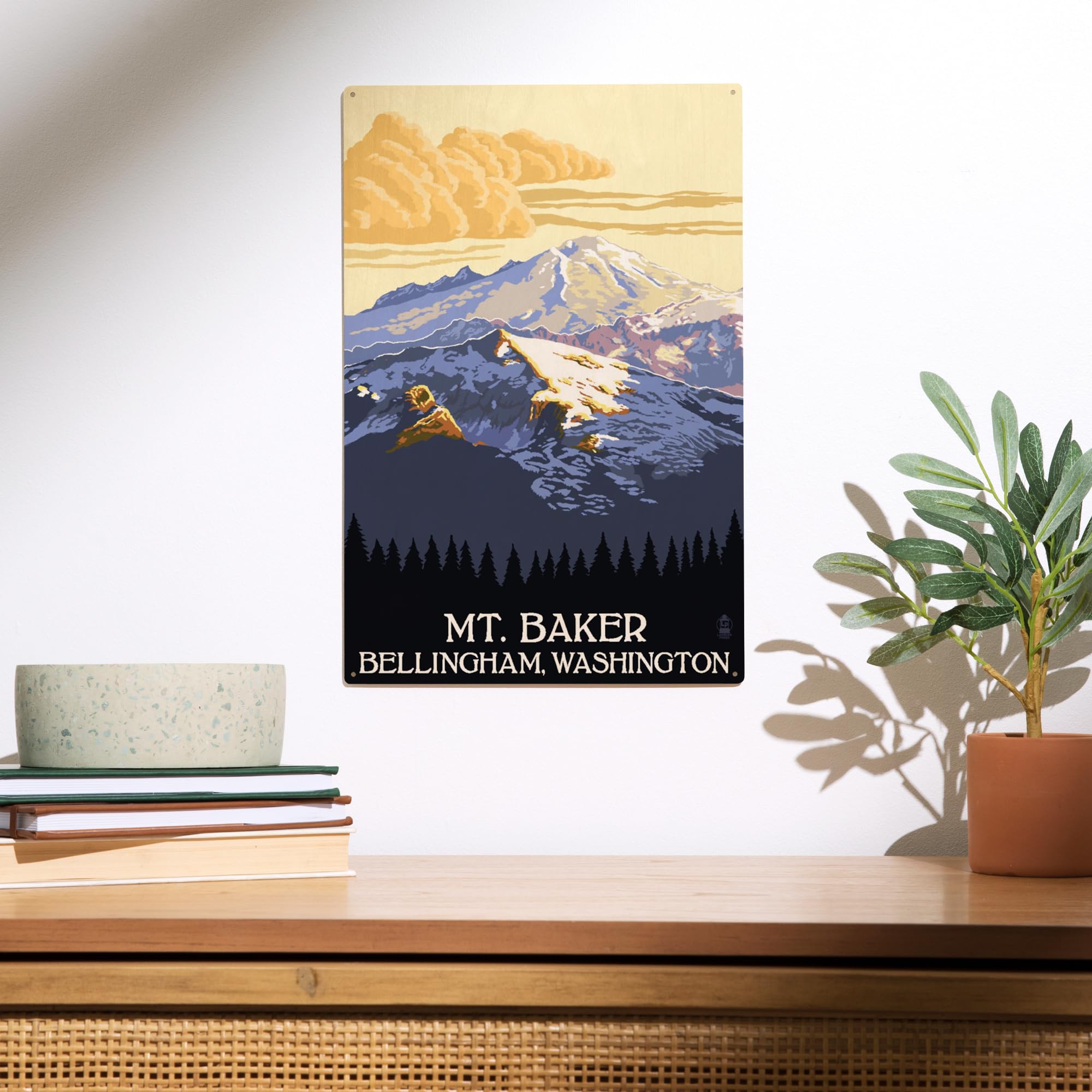 Lantern Press 10x15 Inch Wooden Wall Sign - Ready to Hang Home Decor Featuring Mt. Baker with Yellow Clouds Artwork from Bellingham, Washington | Perfect for Living Room, Bedroom or Cabin Decoration