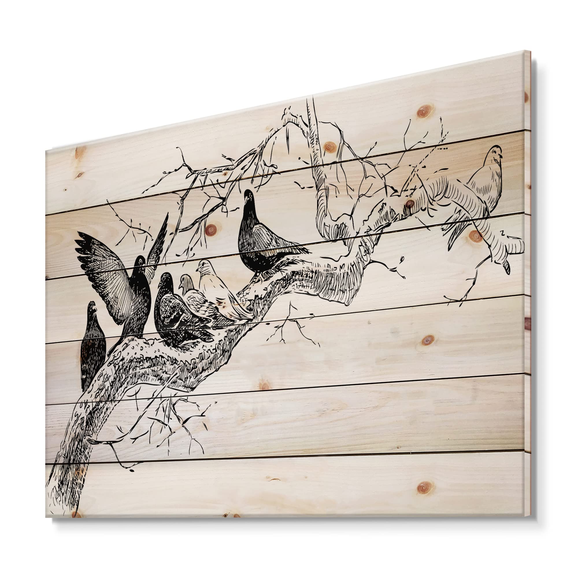DesignQ Traditional Wood Wall Art - Pigeons on Tree Branch White Pine Wood Decor, Large Landscape Wall Panels for Living Room, Bedroom & Office
