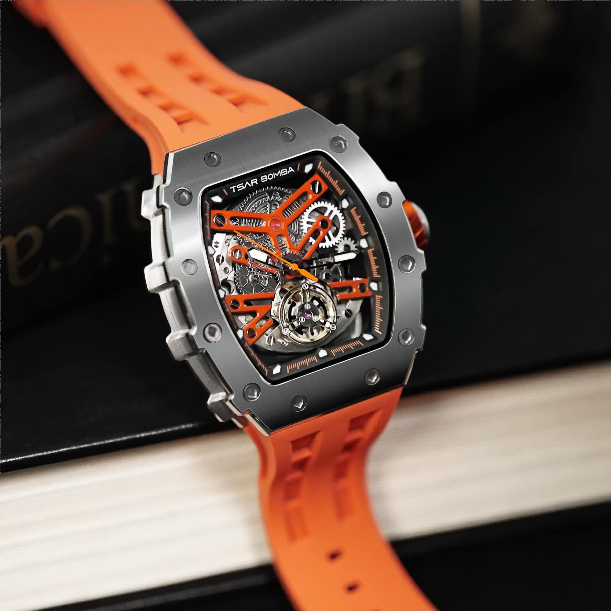 TSAR BOMBA Luxury Men's Watch - 50M Waterproof Tonneau Chronograph with Silicone Band, Mechanical Movement - Perfect for Business, Casual Wear & Gift Giving
