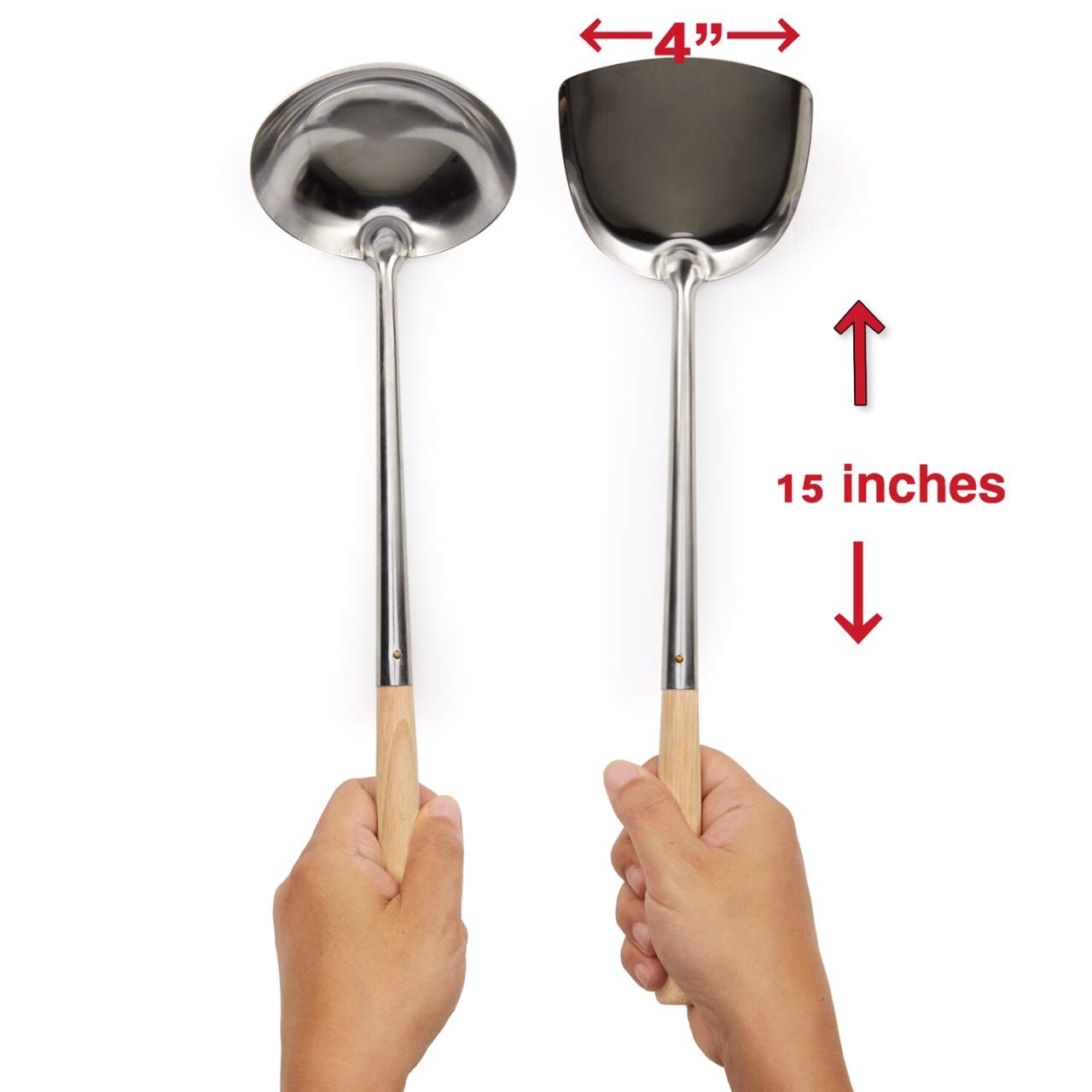 Premium Wooden Bamboo Wok Spatula and Ladle Set - Stainless Steel Kitchen Utensils for Stir-Frying, Cooking & Serving - Perfect for Asian Cuisine, Home Chefs & Restaurant Use