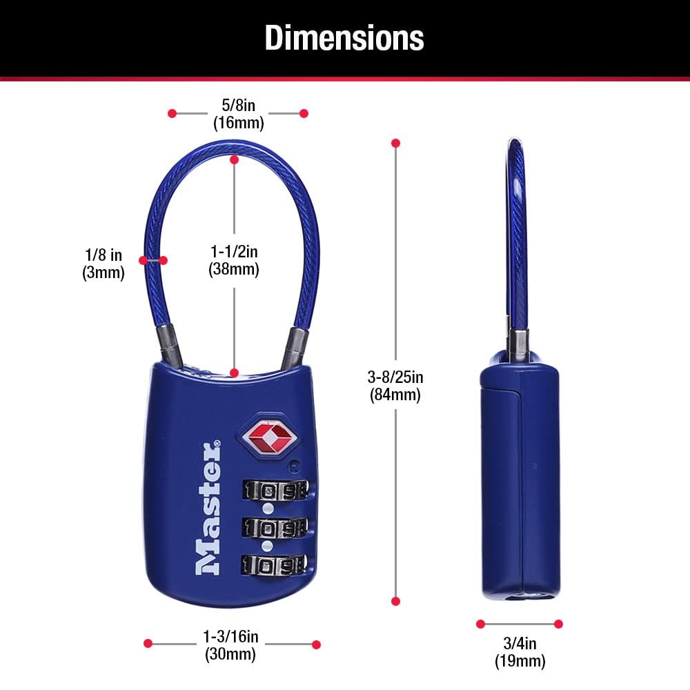 Master Lock 4688BLUEC4 TSA Approved Luggage Lock - 4 Pack Blue Combination Travel Lock for Suitcases, Bags & Backpacks | Secure Your Belongings During Air Travel, Commuting & Hotel Stays