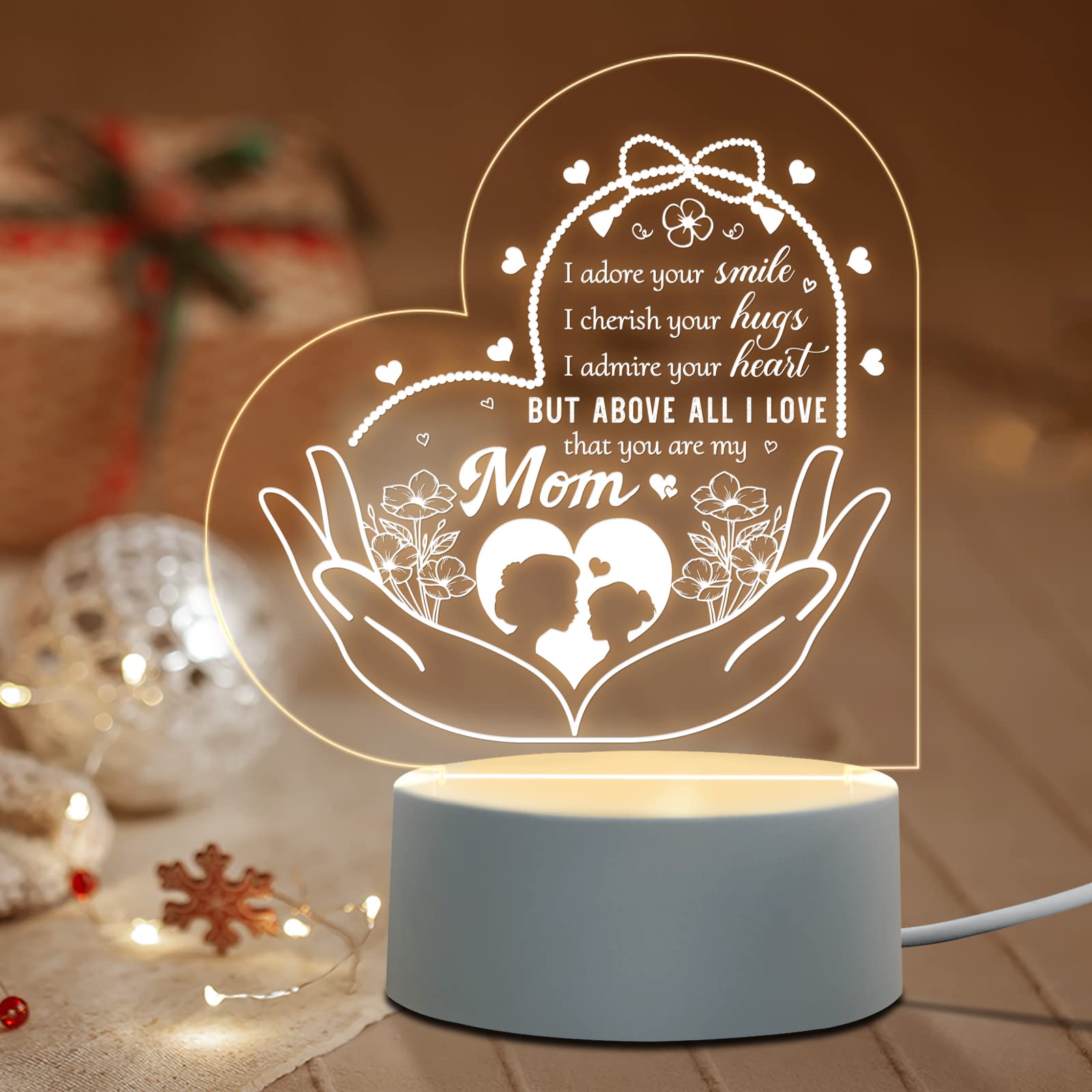 Personalized Acrylic Night Light for Mom - Thoughtful Birthday, Mother's Day & Thanksgiving Gift from Daughter or Son | Heartwarming Home Decor for Bedroom, Nursery & Living Room