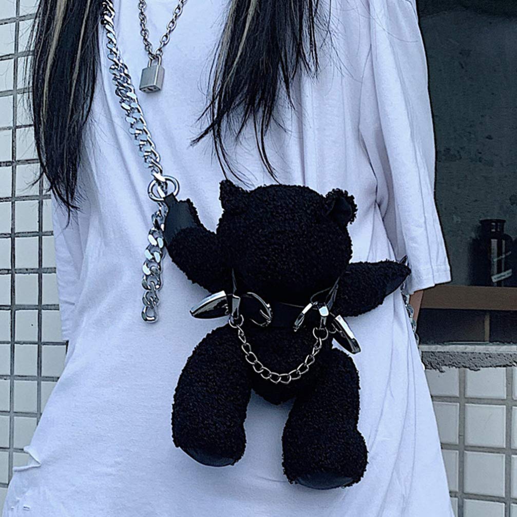 Stylish Black Crossbody Bag with Chain Strap - Cute Teddy Bear Animal Purse for Women & Girls | Gothic Fashion Accessory for Casual Outings, Parties & Daily Use