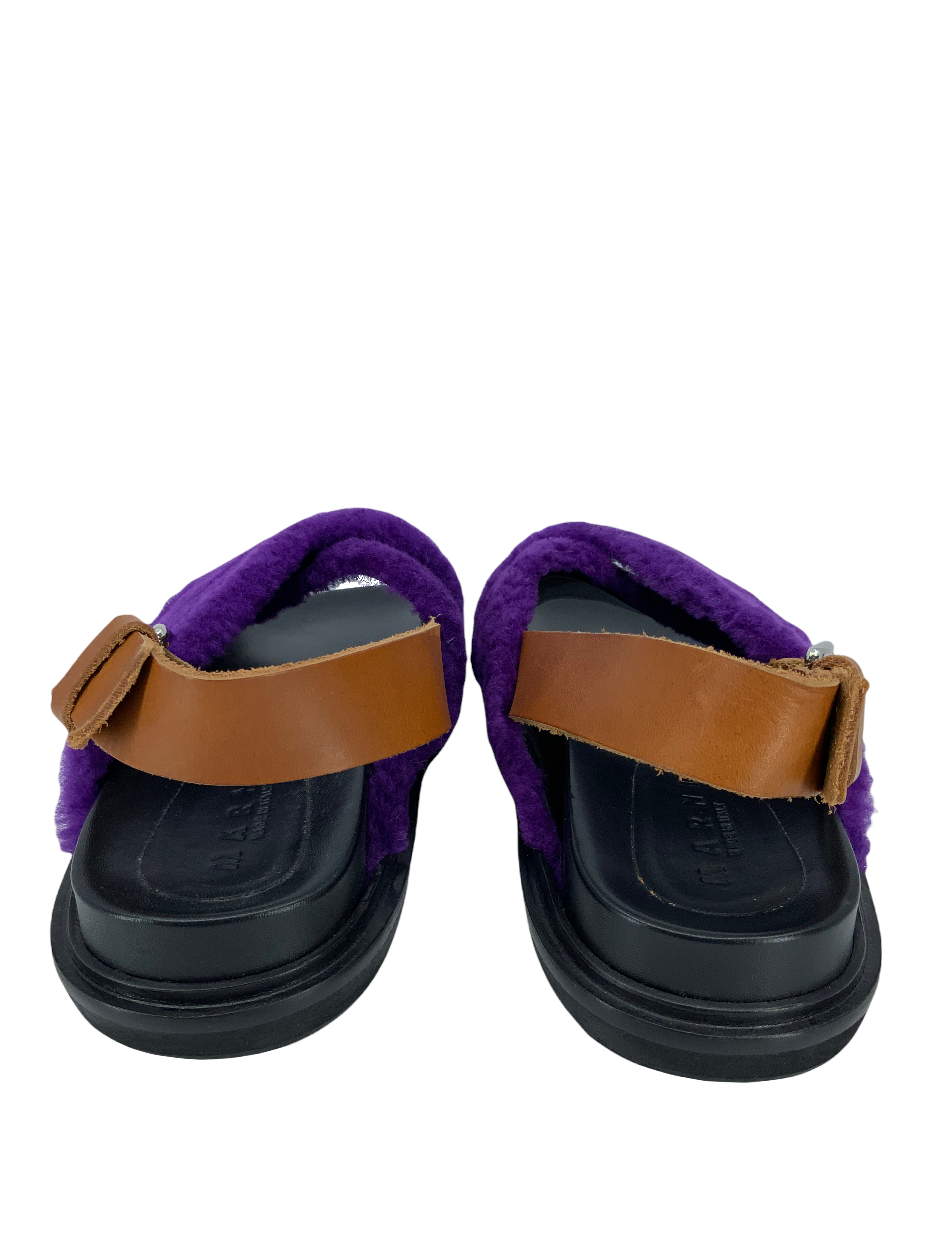 MARNI Shearling Trimmed Leather Sandals Women's Size 8 - Comfortable Luxury Slide Sandals for Casual Outings & Summer Vacations