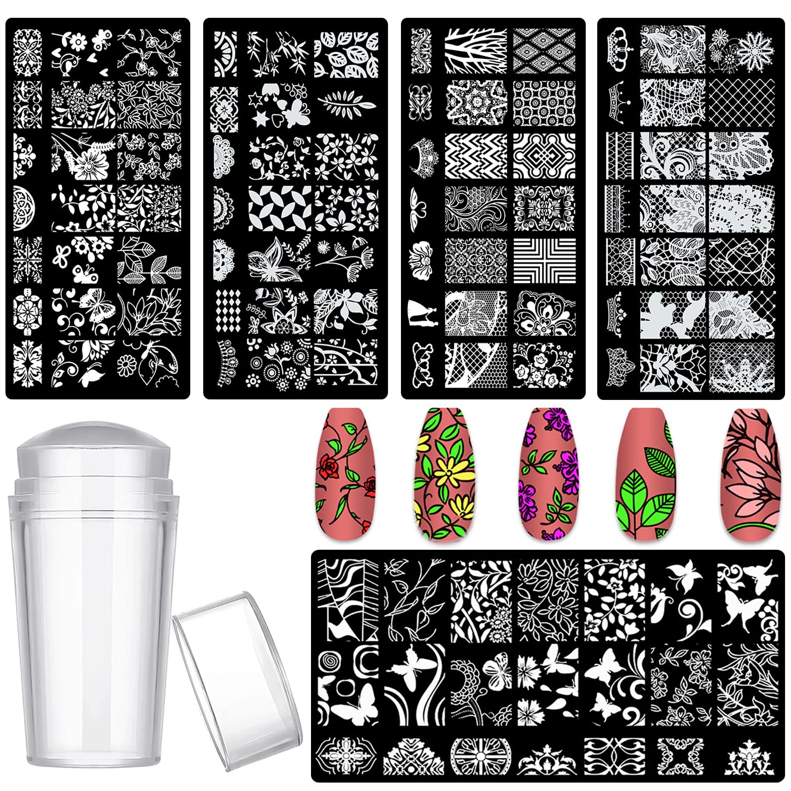 5-Piece Nail Stamp Kit with Stamper, Scraper & Floral Lace Stamping Plates - French Tip Nail Art Tools & Stencils for DIY Manicures - Perfect for Home Salon, Party Nail Designs & Professional Nail Art