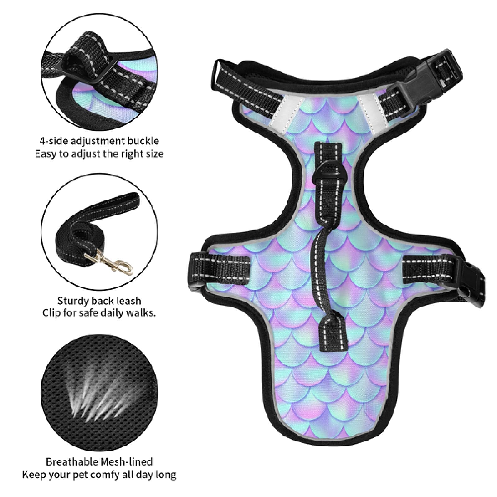 **Mermaid Dog Harness - No Pull Reflective Pet Vest with Nylon Handle, Breathable & Adjustable for Small & Medium Dogs - Perfect for Walking, Running & Outdoor Adventures**