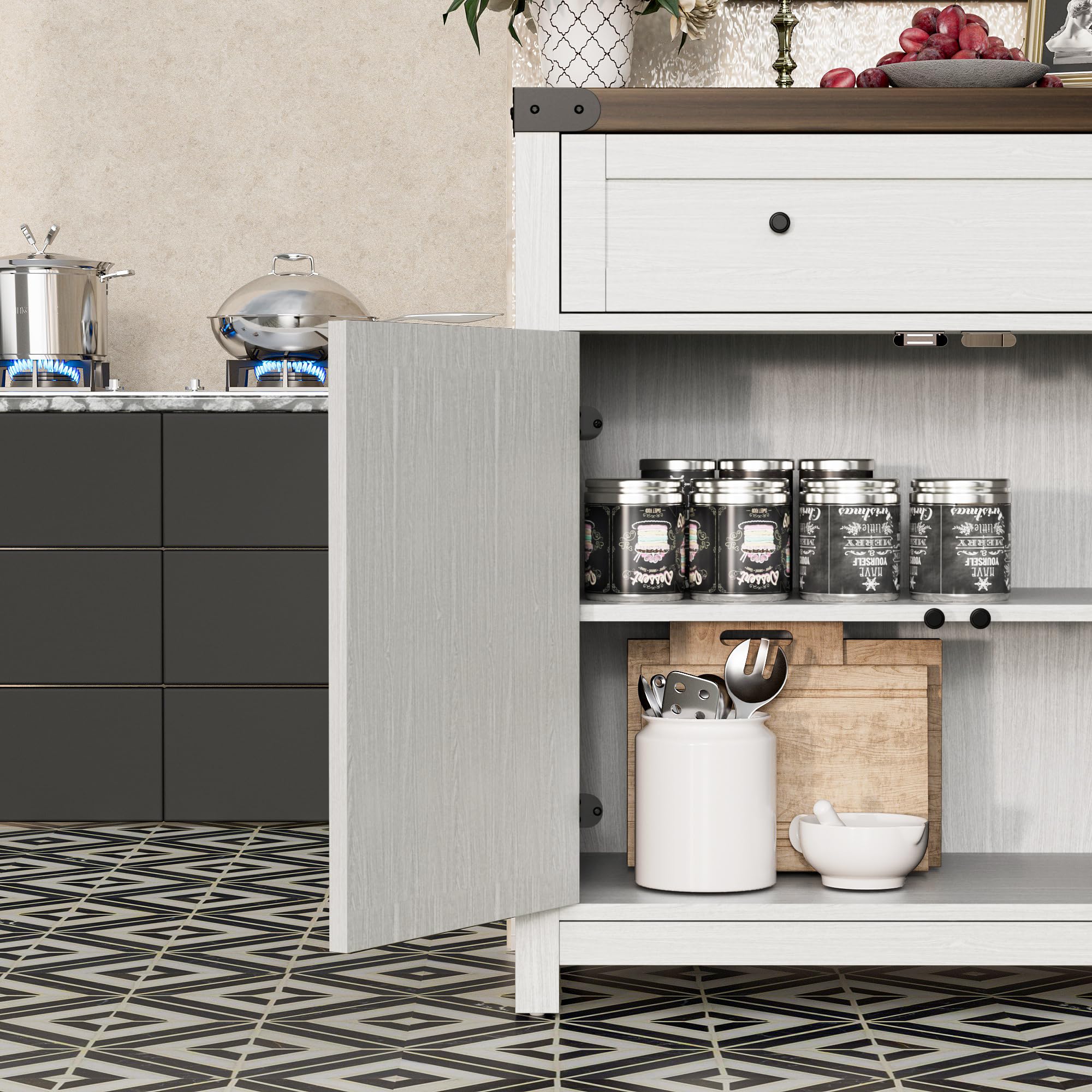 Farmhouse Style Sideboard Buffet Cabinet with Storage - White Coffee Bar Cabinet with 1 Drawer & 2 Barn Doors, Rustic Console Table for Kitchen, Dining Room, Entryway | Perfect for Home Decor, Entertaining & Small Space Storage Solutions