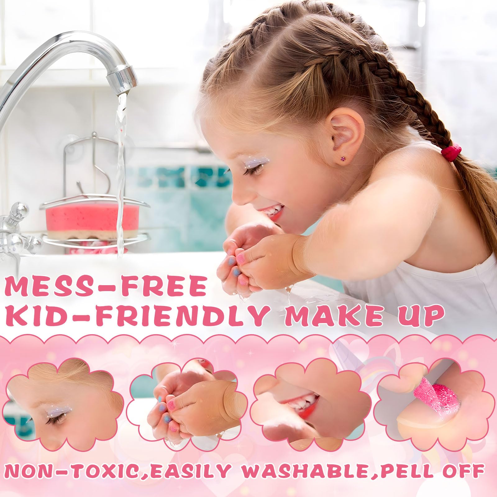 Kids Makeup Kit - 35 Pcs Washable Cosmetics for Girls, Non-Toxic Princess Beauty Gift for Ages 3-10+ | Dress-Up & Pretend Play