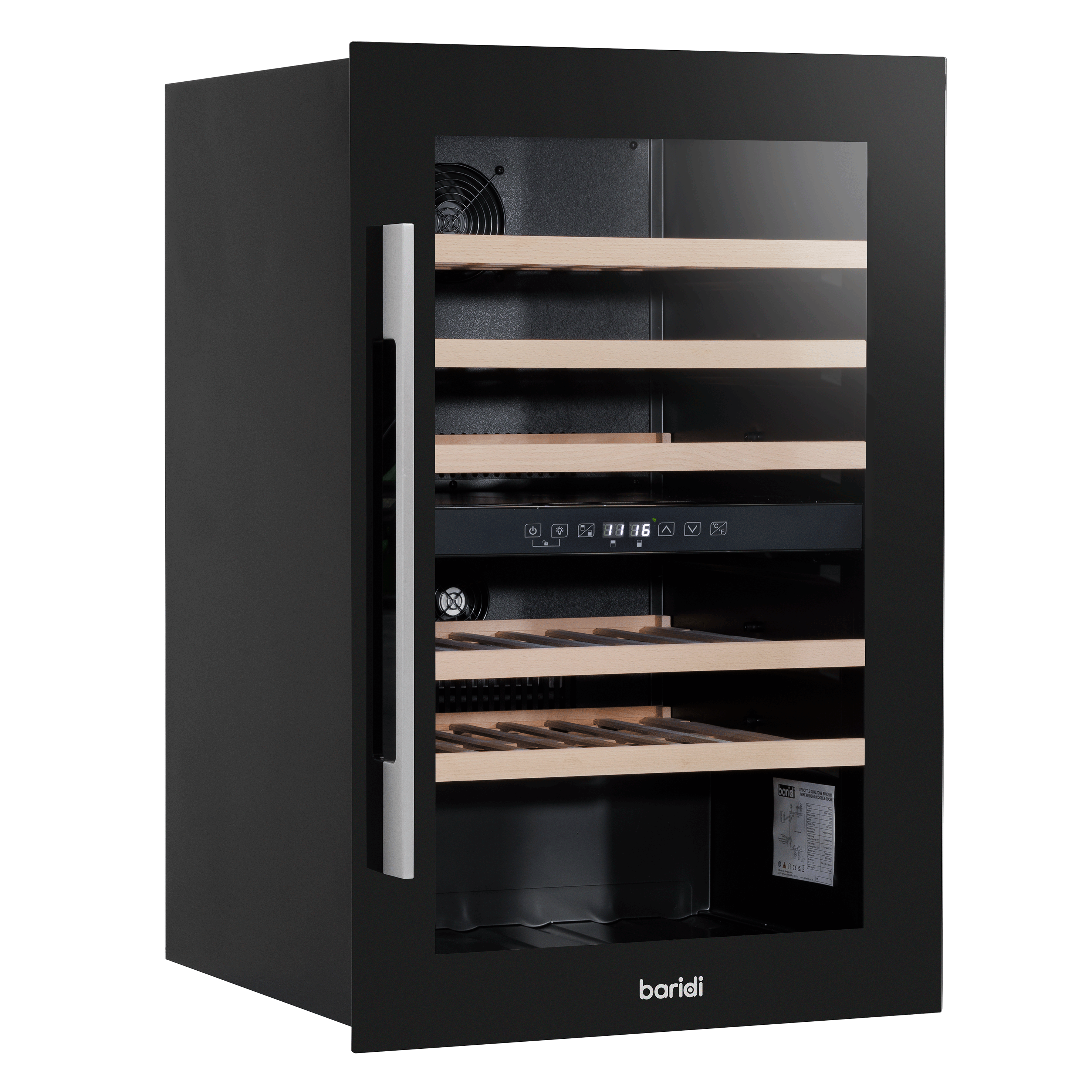 Baridi 60cm Built-In 57 Bottle Dual Zone Wine Cooler with Beech Wood Shelves - Black (DH118) | Perfect for Home Bars, Restaurants & Wine Cellars | Energy Efficient Wine Refrigerator for Red & White Wines