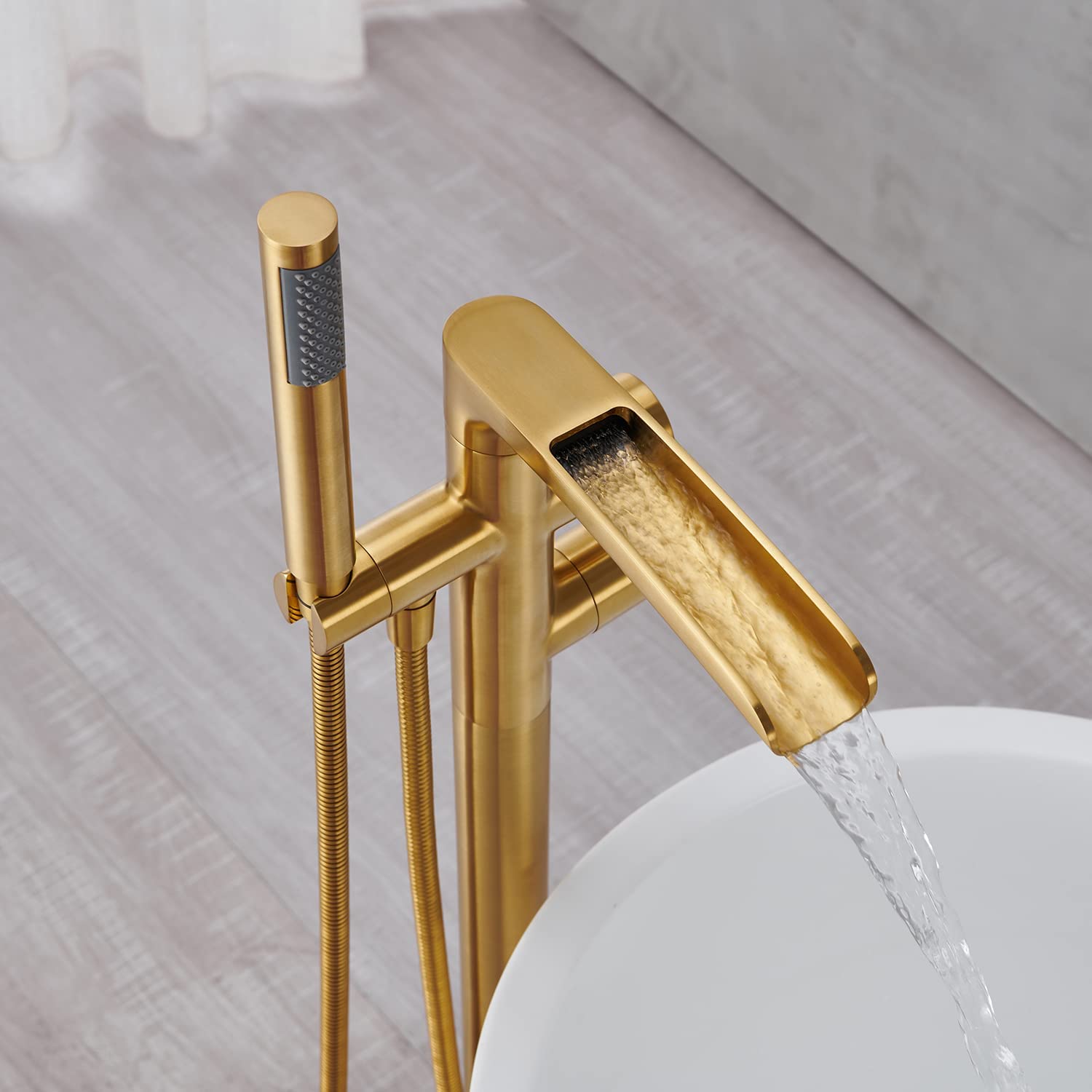 Freestanding Thermostatic Bathtub Faucet Floor Mount Waterfall Tub Filler Brushed Gold Bathroom Taps with Handheld Shower - Luxury Spa Experience for Modern Bathrooms